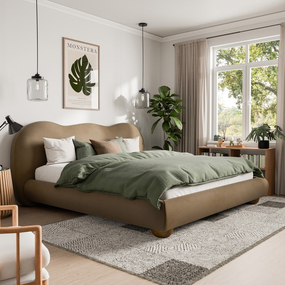 Brown Color 1pc Eastern King Size Bed Boucle Upholstered Round Bun Wood Feet Bedroom Furniture