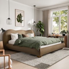 Brown Color 1pc Eastern King Size Bed Boucle Upholstered Round Bun Wood Feet Bedroom Furniture
