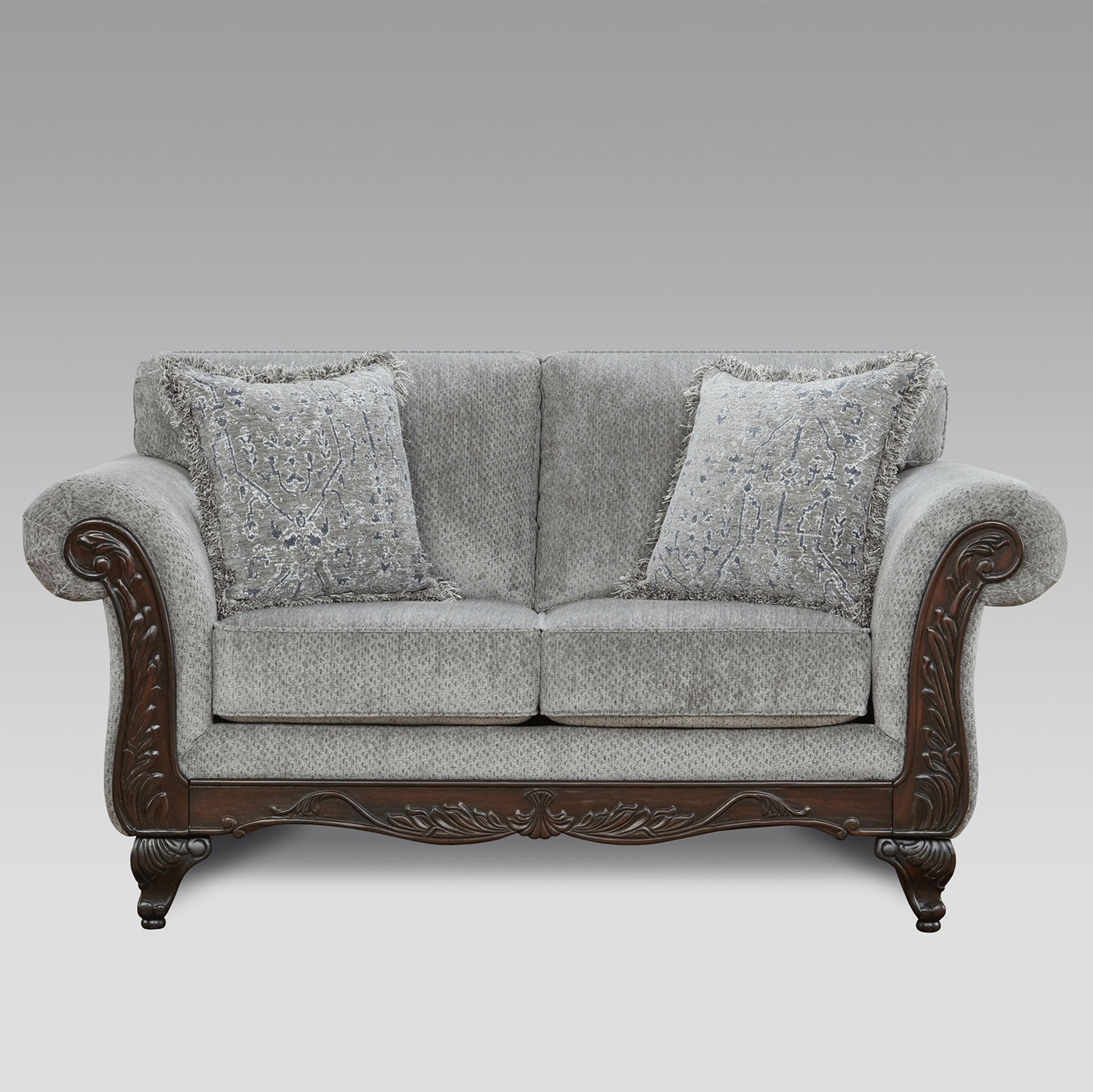 Hernen Carved Wood Frame Gray Sofa and Loveseat Set