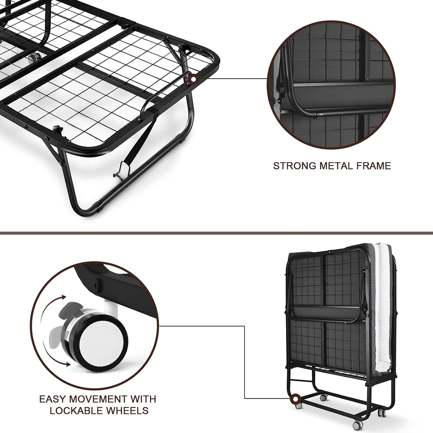 Folding Bed with Mattress Included Memory Foam, Portable Roll Away Adult Bed for Guest, Fold Up Soft Cot Size Bed, 75"L*46"W