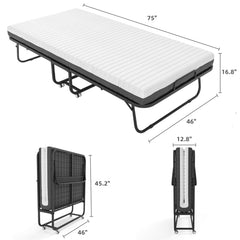 Folding Bed with Mattress Included Memory Foam, Portable Roll Away Adult Bed for Guest, Fold Up Soft Cot Size Bed, 75"L*46"W