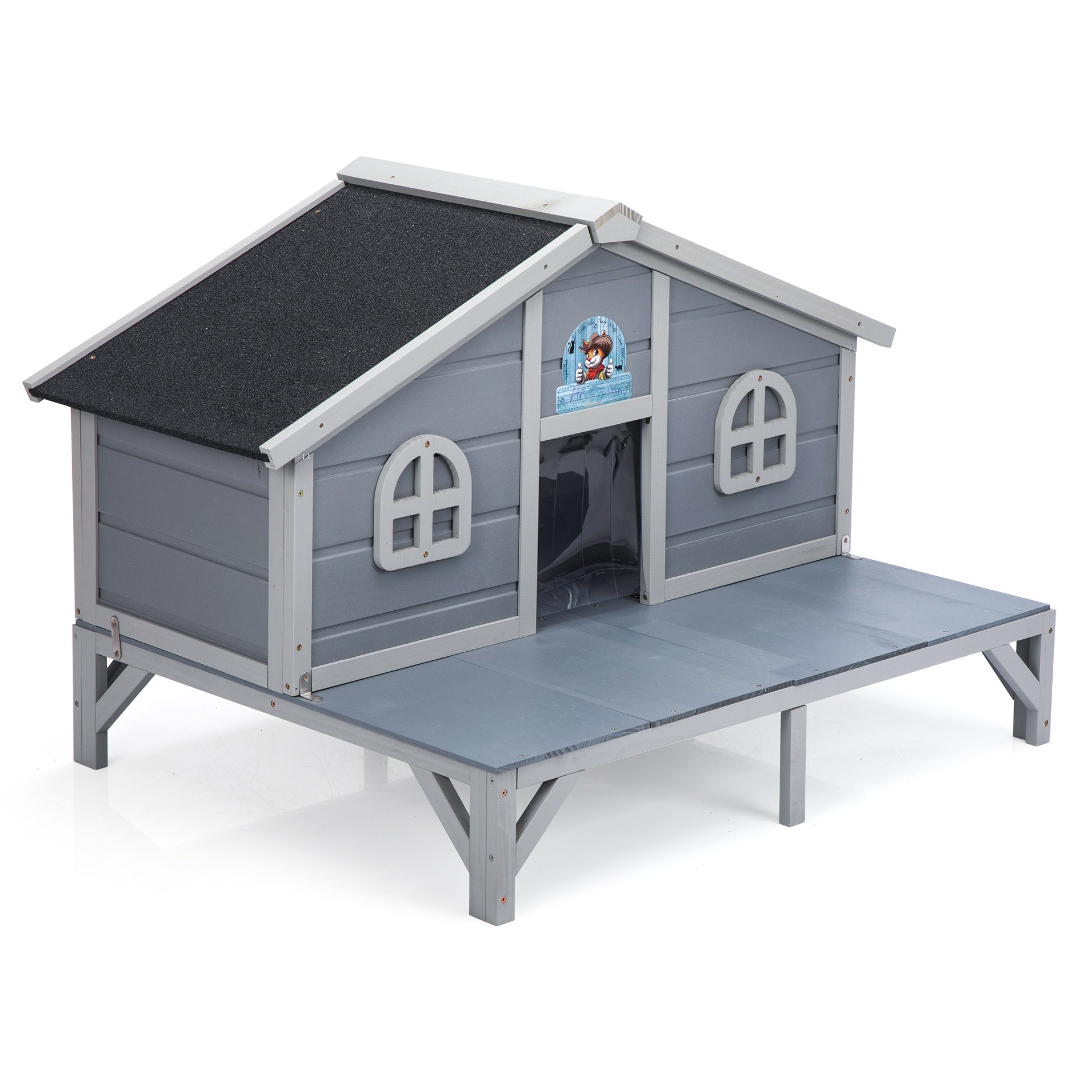 All Weather Wooden Cat House, Indoor Outdoor Cat Enclosure with Play Pen, Cozy Fringe Curtains, Lockable Doors for Kittens and Large Cats, Gray