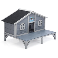 All Weather Wooden Cat House, Indoor Outdoor Cat Enclosure with Play Pen, Cozy Fringe Curtains, Lockable Doors for Kittens and Large Cats, Gray