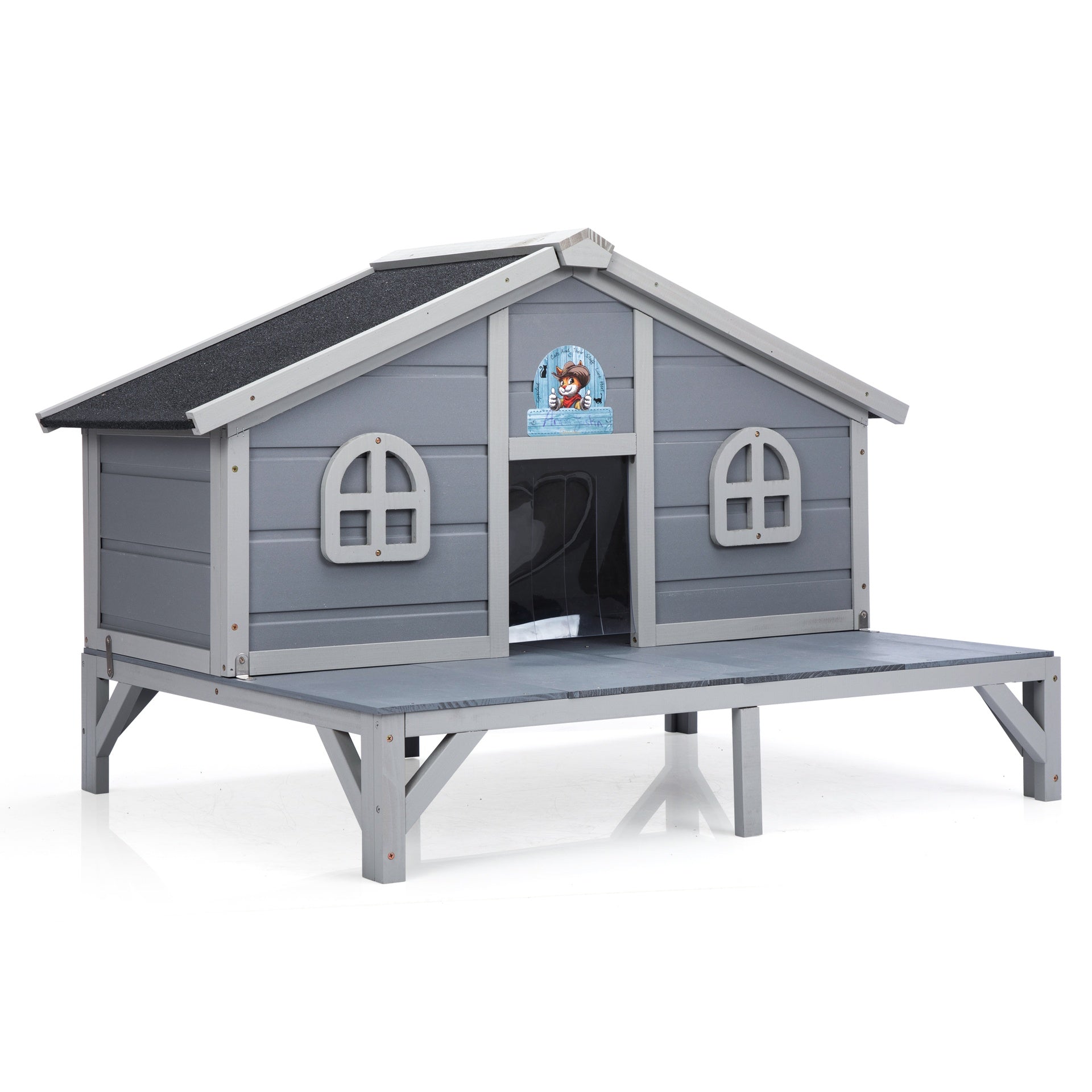 All Weather Wooden Cat House, Indoor Outdoor Cat Enclosure with Play Pen, Cozy Fringe Curtains, Lockable Doors for Kittens and Large Cats, Gray