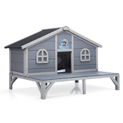 All Weather Wooden Cat House, Indoor Outdoor Cat Enclosure with Play Pen, Cozy Fringe Curtains, Lockable Doors for Kittens and Large Cats, Gray