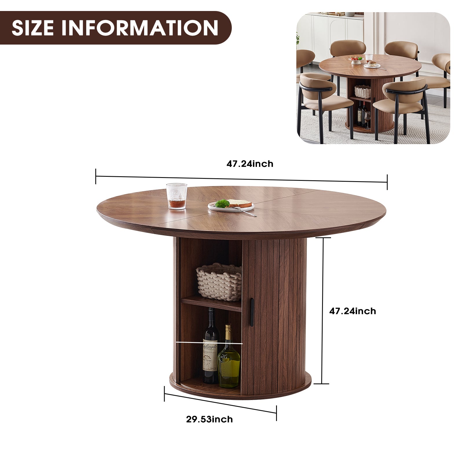 Round Dining Table with Two Layers of Storage Shelves. Wood Tea Desk, Flexible-opening Storage Door. Large storage space, Living Room or Kitchen