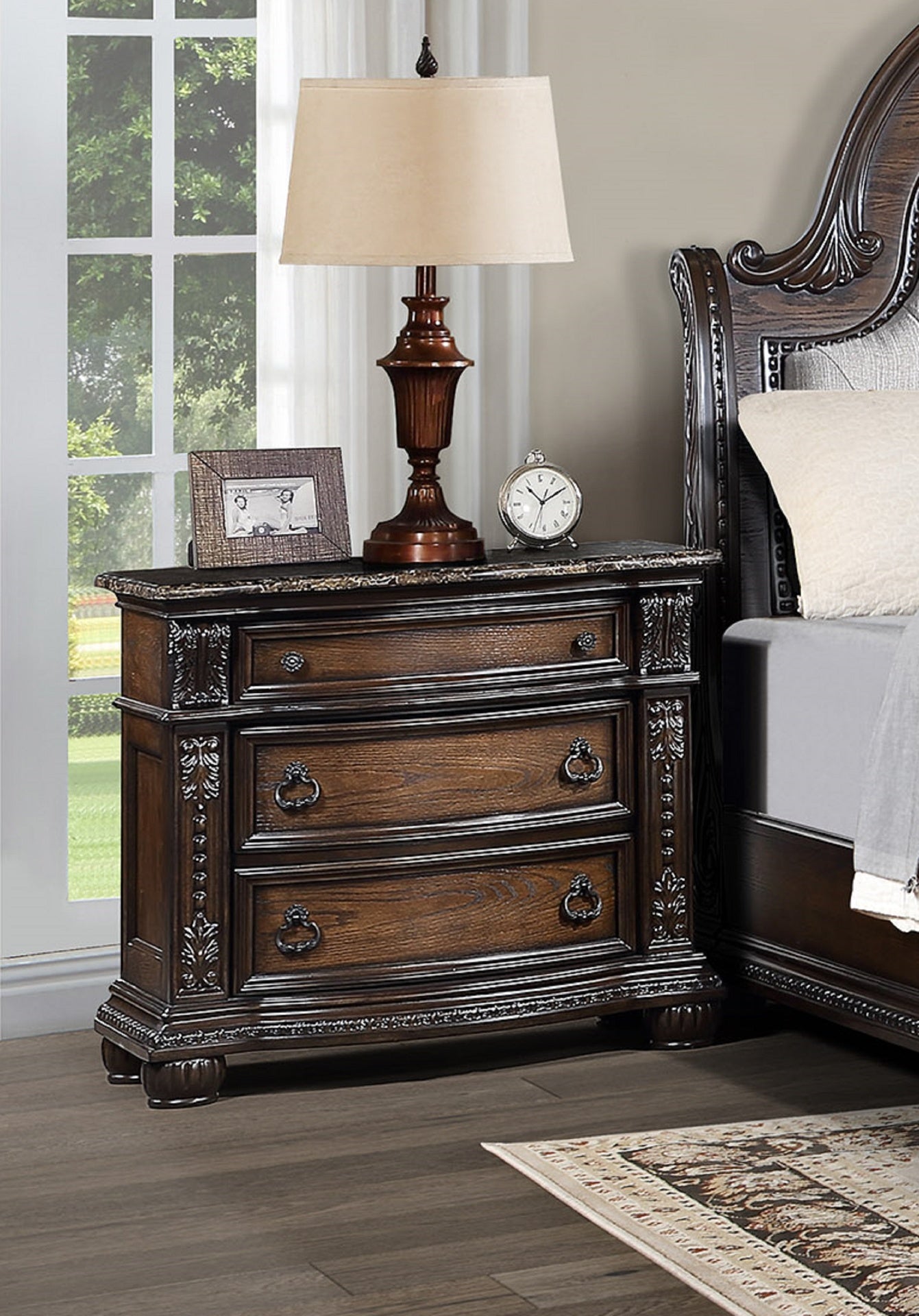 1pc Marble Top Three Drawers Nightstand Intricate Moldings Beautifully Antiqued Hardware Curved Silhouette Bedroom Solid Wood Furniture Coffee Brown Finish