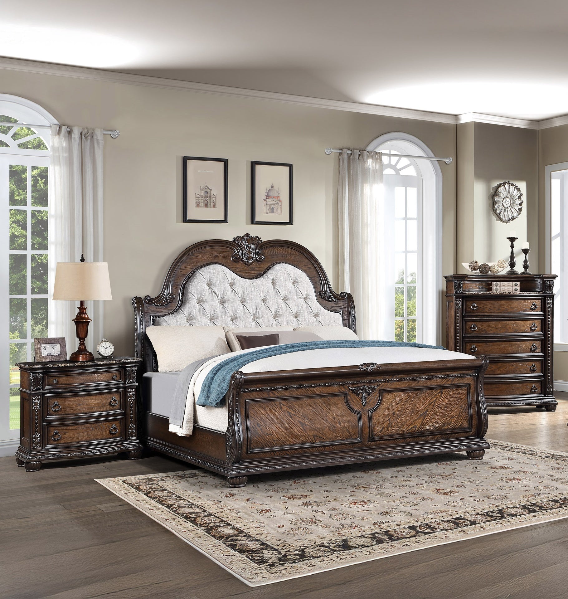 1pc Marble Top Three Drawers Nightstand Intricate Moldings Beautifully Antiqued Hardware Curved Silhouette Bedroom Solid Wood Furniture Coffee Brown Finish