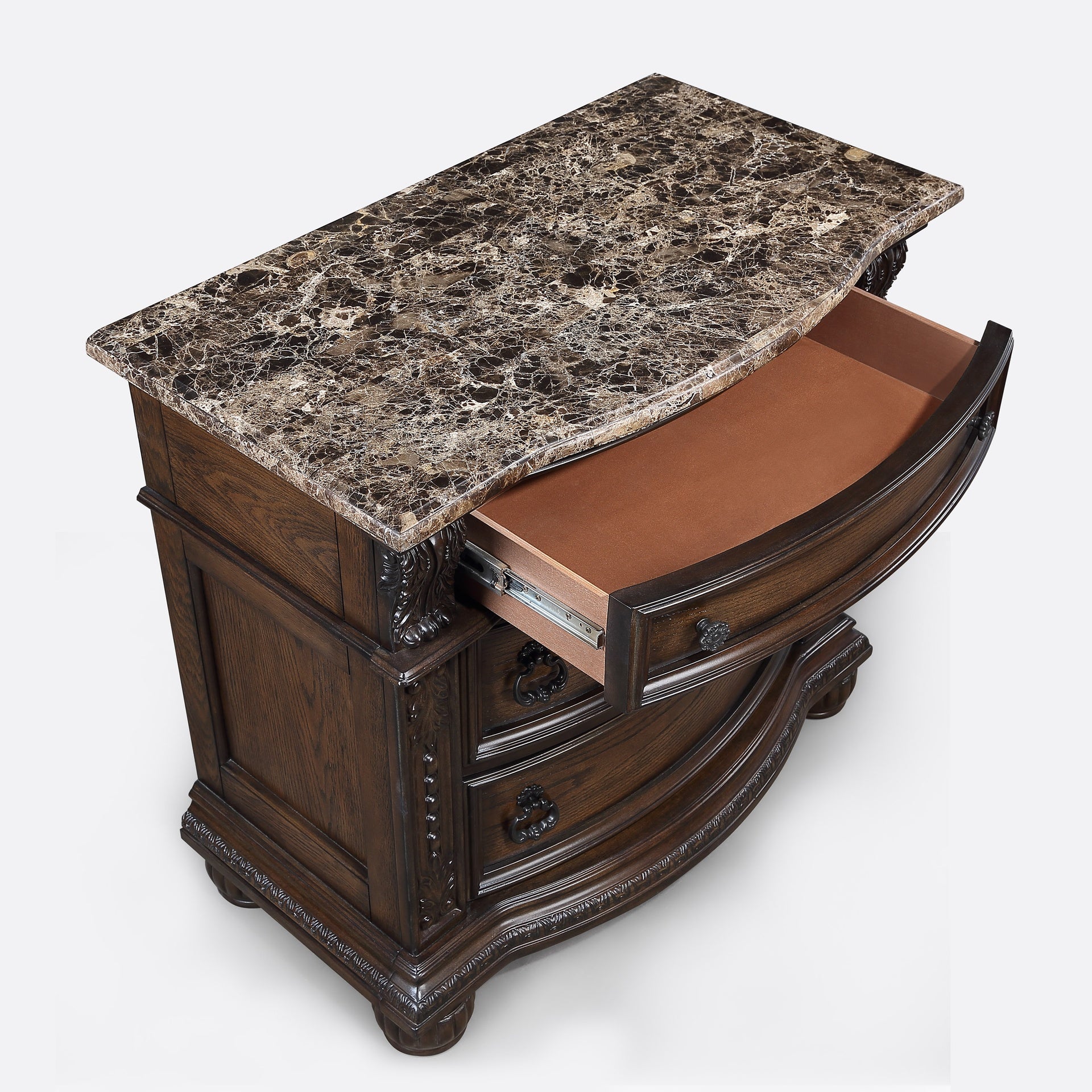 1pc Marble Top Three Drawers Nightstand Intricate Moldings Beautifully Antiqued Hardware Curved Silhouette Bedroom Solid Wood Furniture Coffee Brown Finish