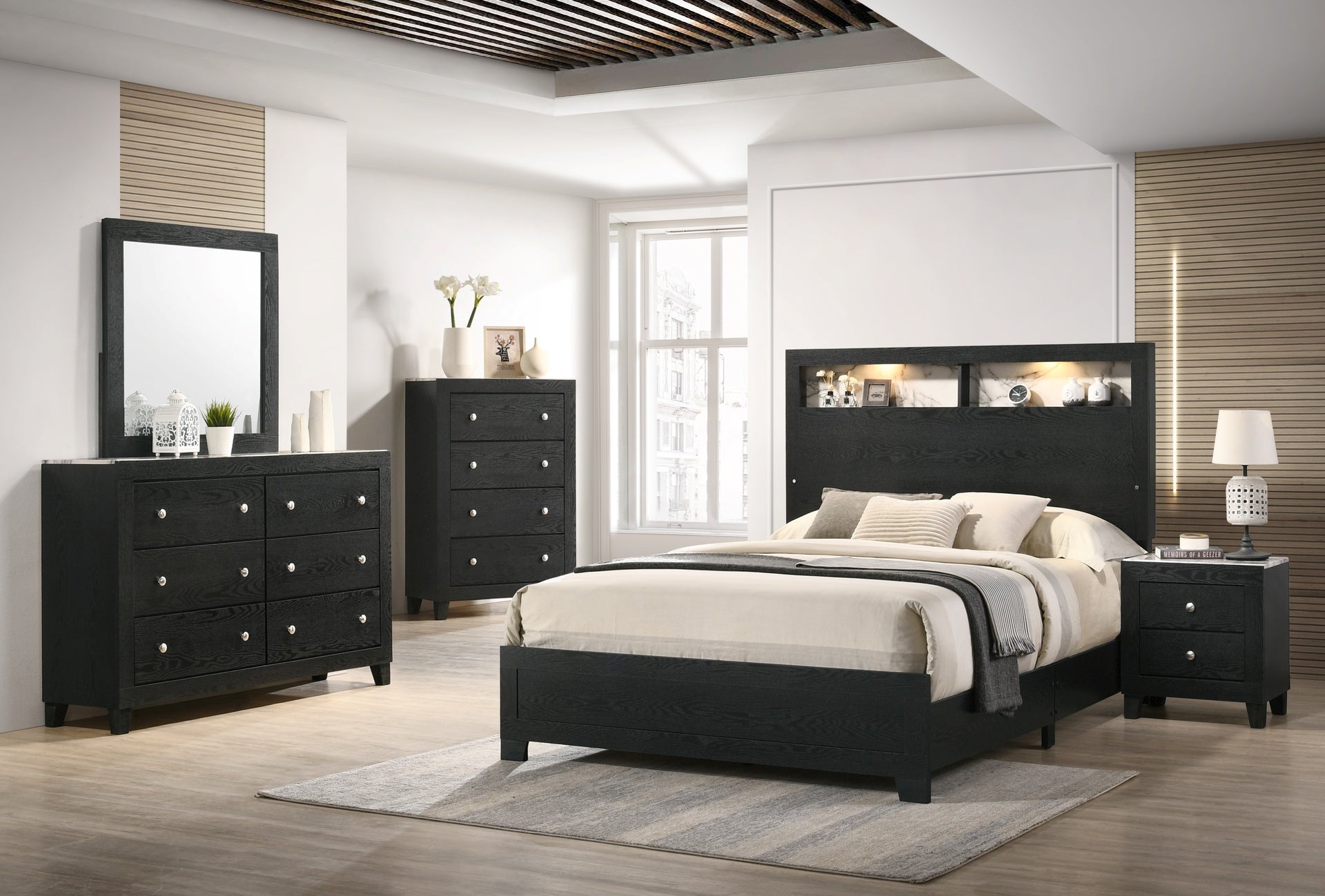 1pc Contemporary Modern White Faux Marble Top 4 Drawers Tall Chest Black Finish Bedroom Furniture
