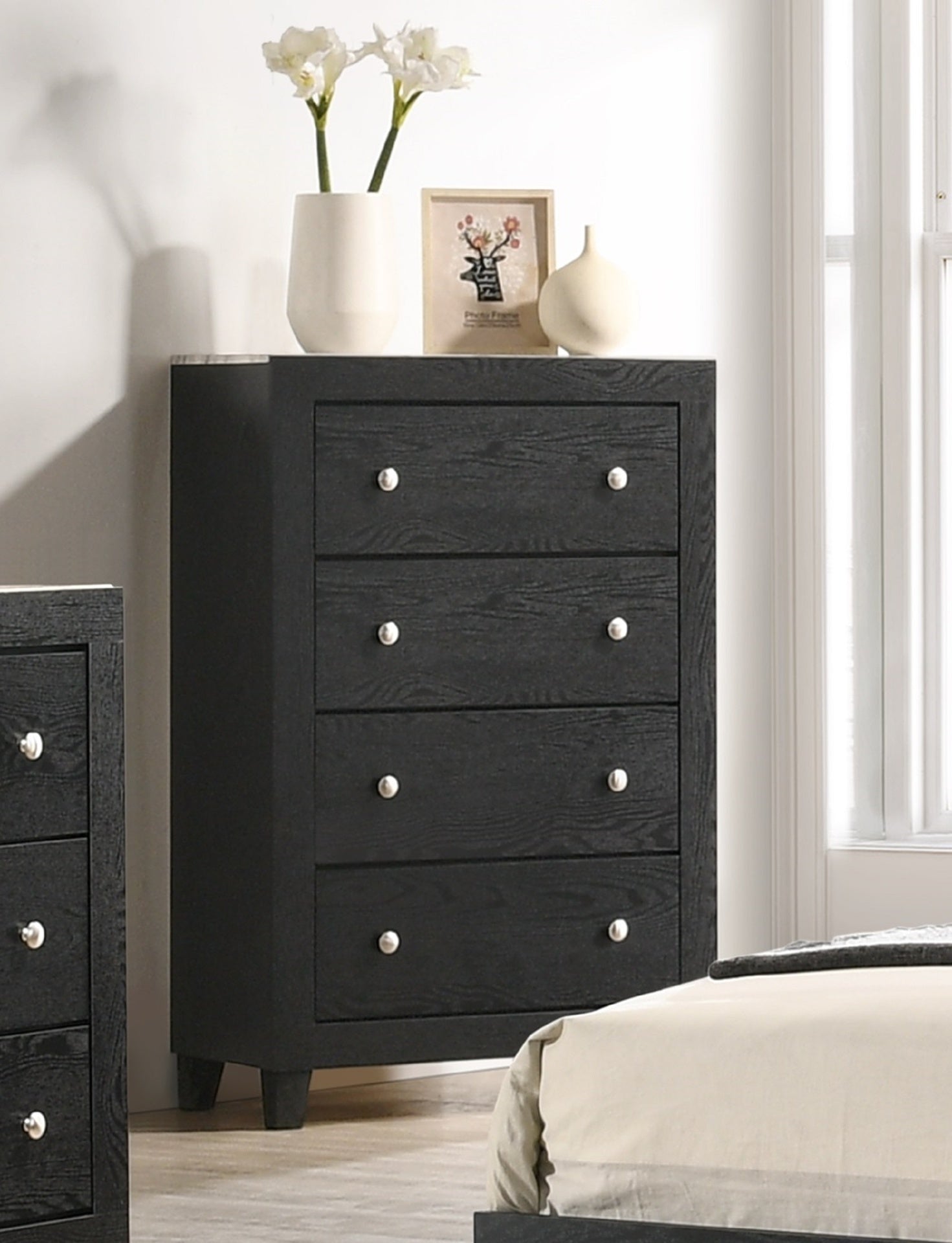 1pc Contemporary Modern White Faux Marble Top 4 Drawers Tall Chest Black Finish Bedroom Furniture