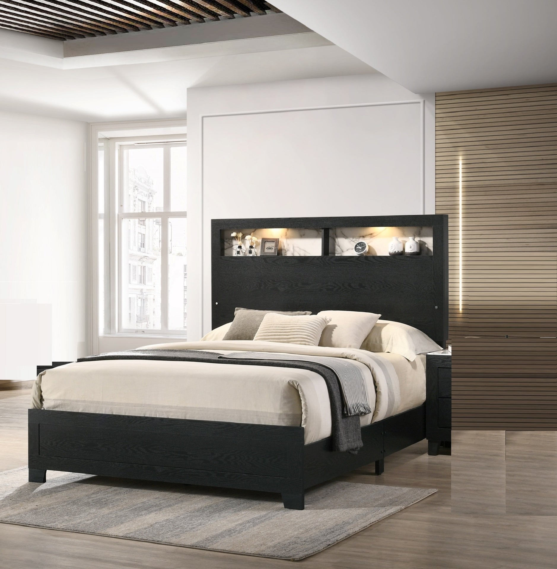 1pc King Size Panel Bed Headboard with LED Sleek Sloping Design Extra Storage Space Black Finish Wooden Furniture