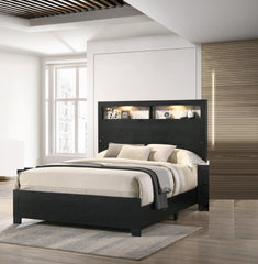 1pc King Size Panel Bed Headboard with LED Sleek Sloping Design Extra Storage Space Black Finish Wooden Furniture