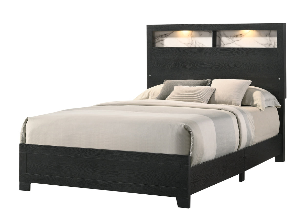 1pc King Size Panel Bed Headboard with LED Sleek Sloping Design Extra Storage Space Black Finish Wooden Furniture