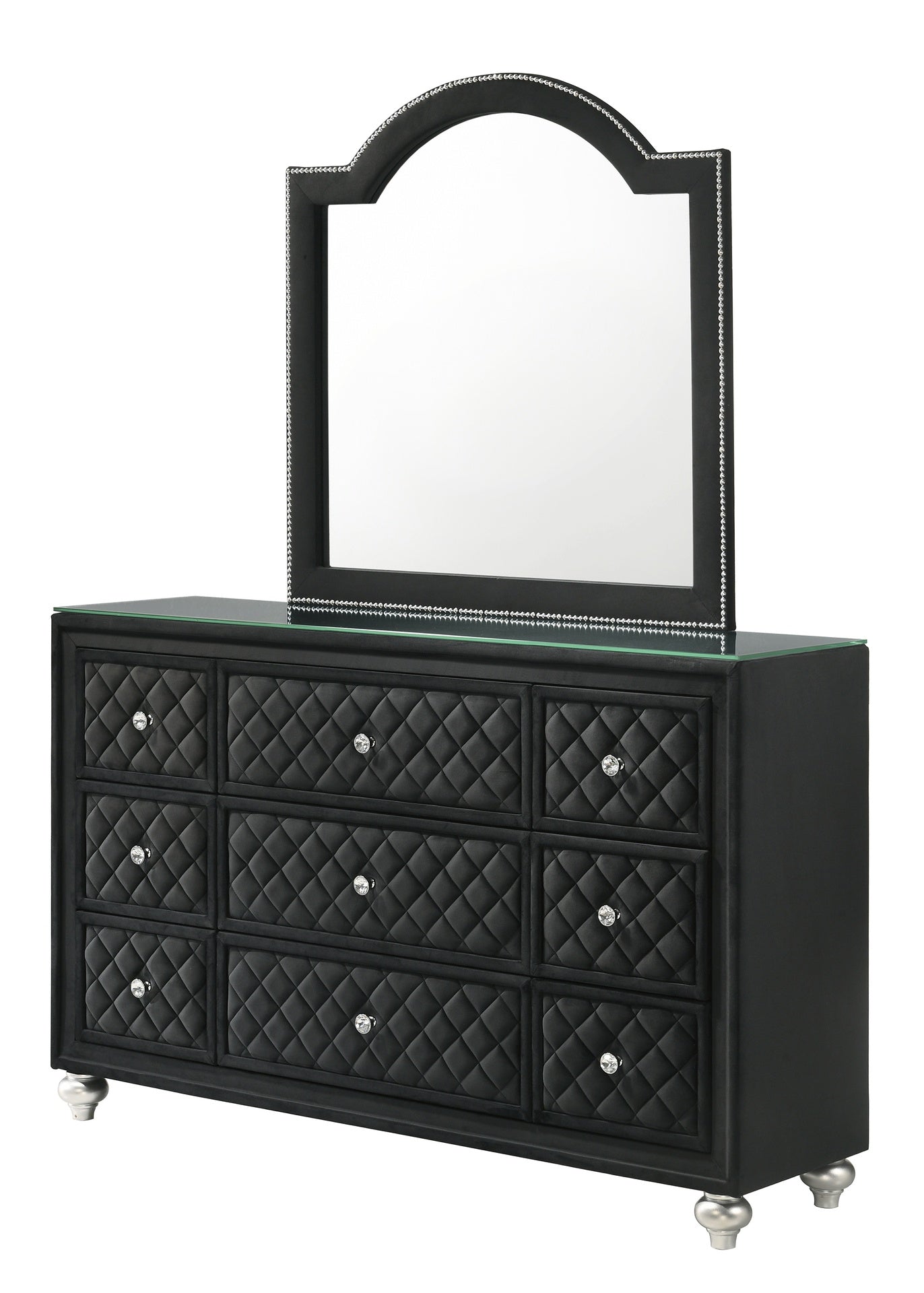 1pc Traditional Nine Drawers Velvet Tufted Drawer Fronts Faux Crystal Drawer Knobs Diamond-patterned Tufted Accents Black