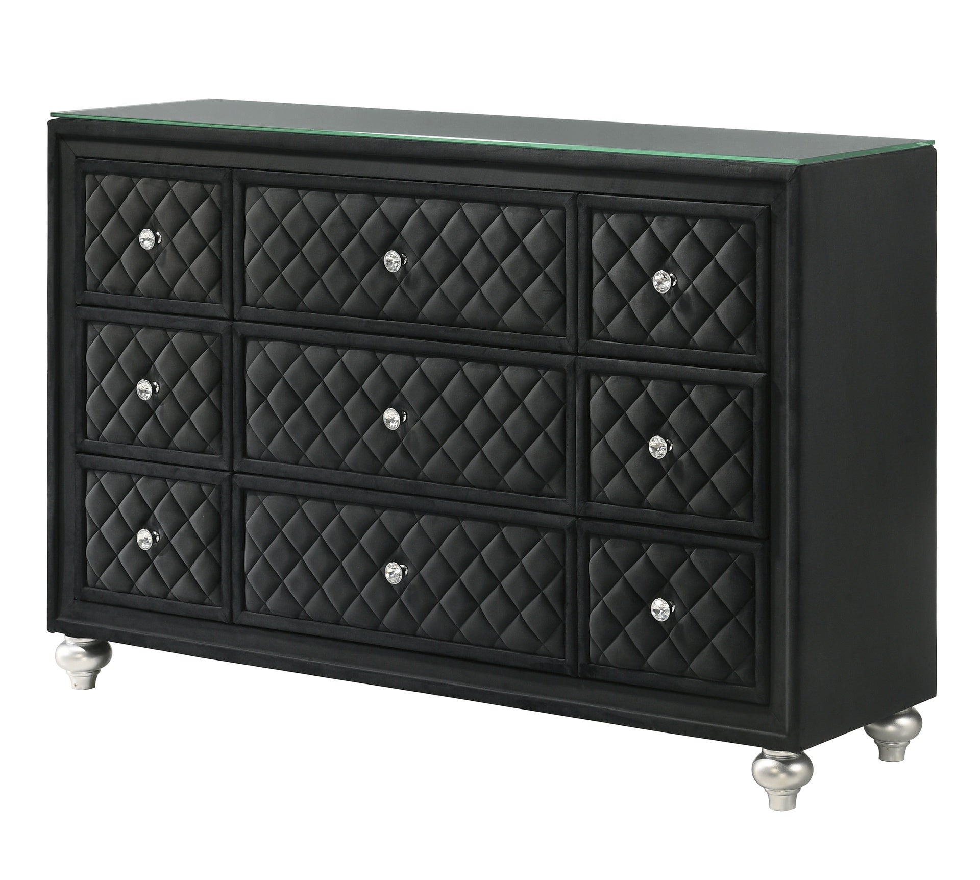 1pc Traditional Nine Drawers Velvet Tufted Drawer Fronts Faux Crystal Drawer Knobs Diamond-patterned Tufted Accents Black