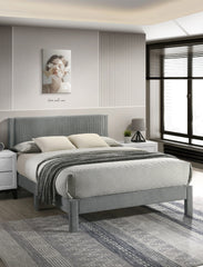 1pc Contemporary Plush Upholstered Headboard Ribbed Texture Low-profile Frame Unobtrusive Legs Queen Platform Bed Light Gray Bedroom Furniture