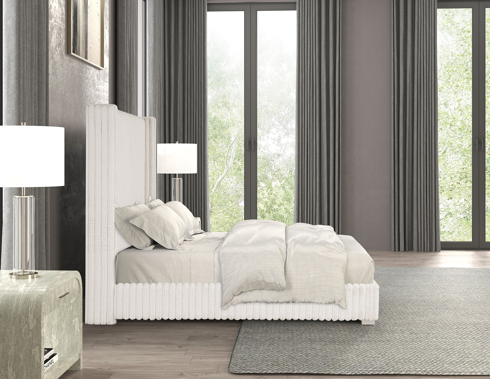 Bedroom Furniture White Color Contemporary 1pc Twin Size Bed Fur Chenille Fabric Mattress Ready