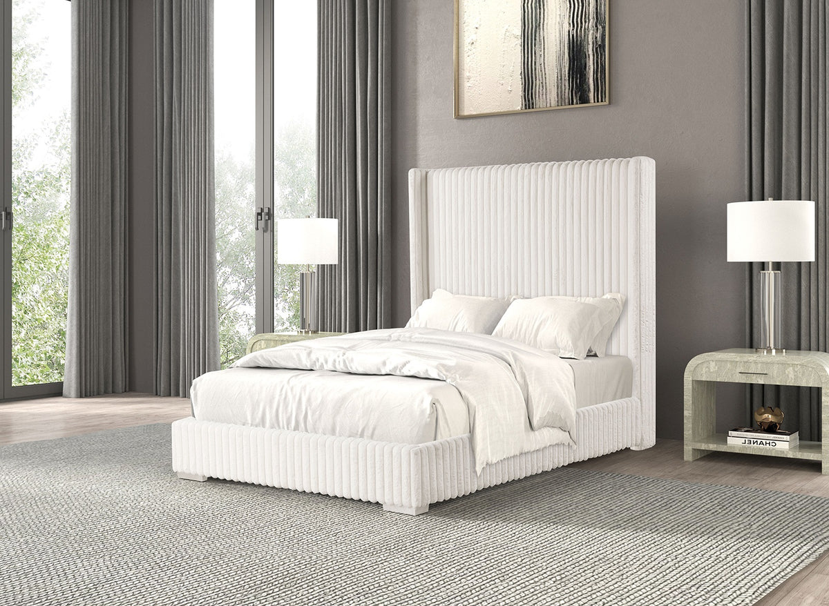 Bedroom Furniture White Color Contemporary 1pc Full Size Bed Fur Chenille Fabric Mattress Ready