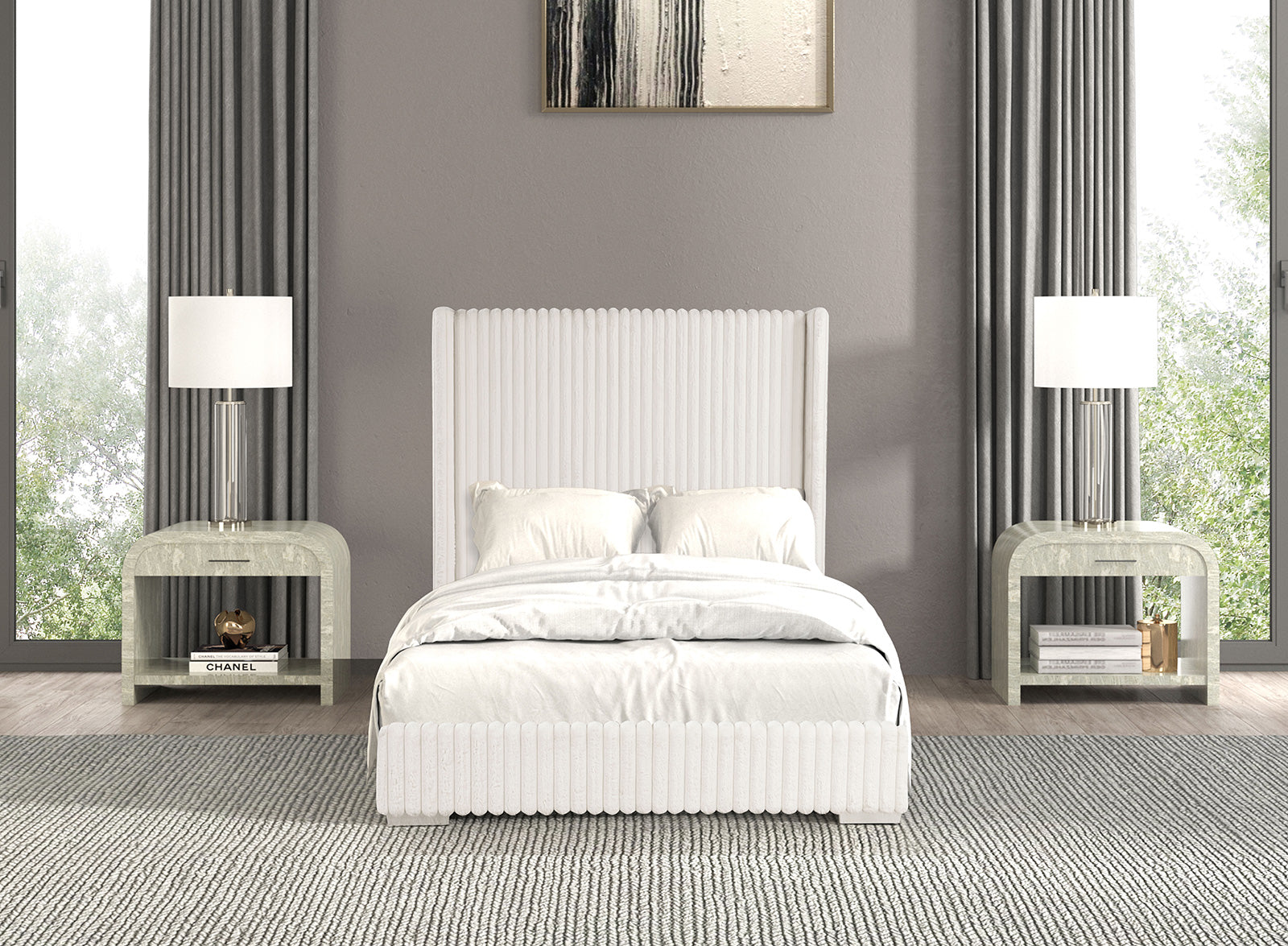 Bedroom Furniture White Color Contemporary 1pc Full Size Bed Fur Chenille Fabric Mattress Ready