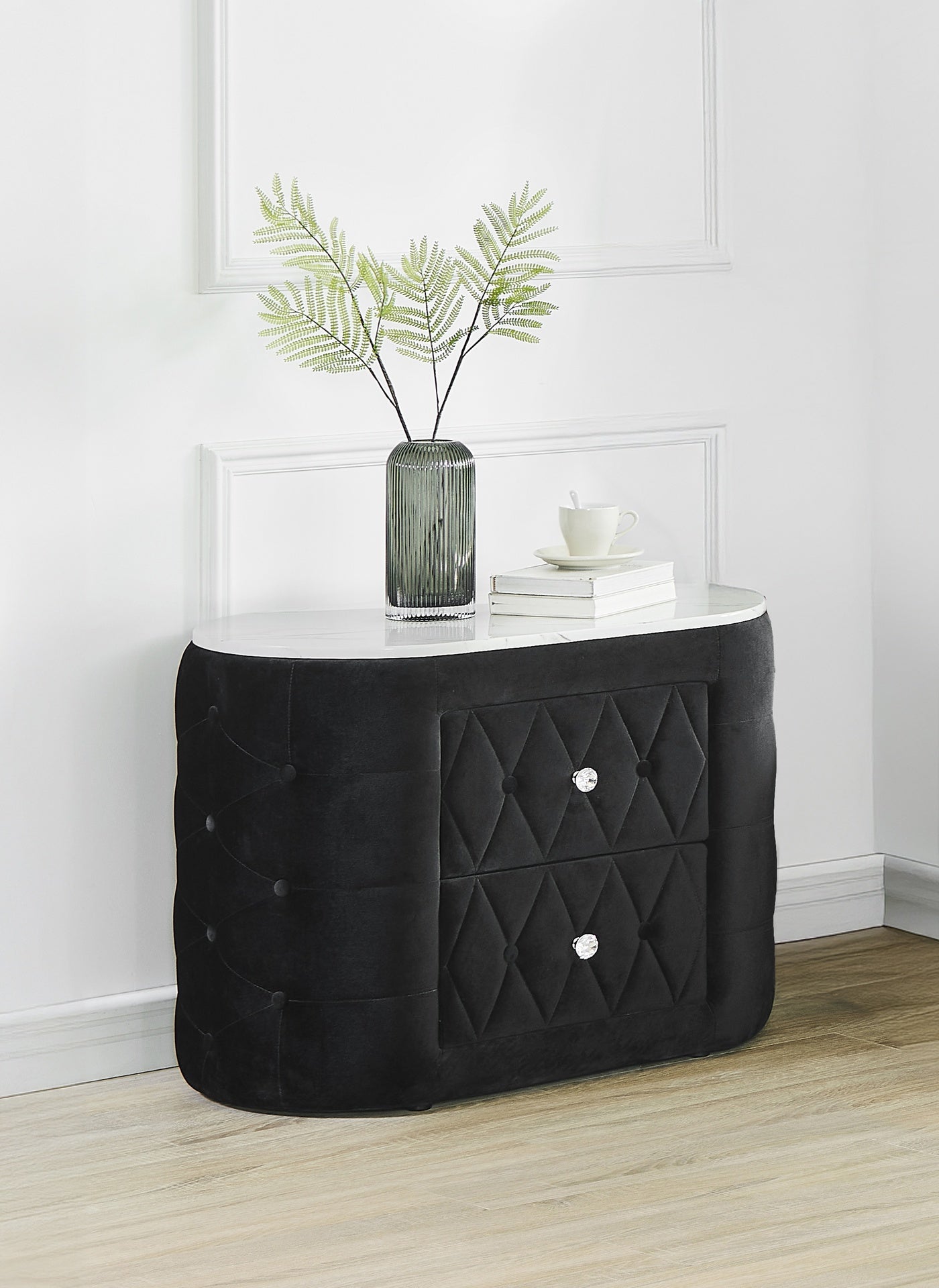 1pc Black Nightstand Upholstery Fabric Marble Top Two Storage Drawers Wooden Bedroom Furniture Oval Black