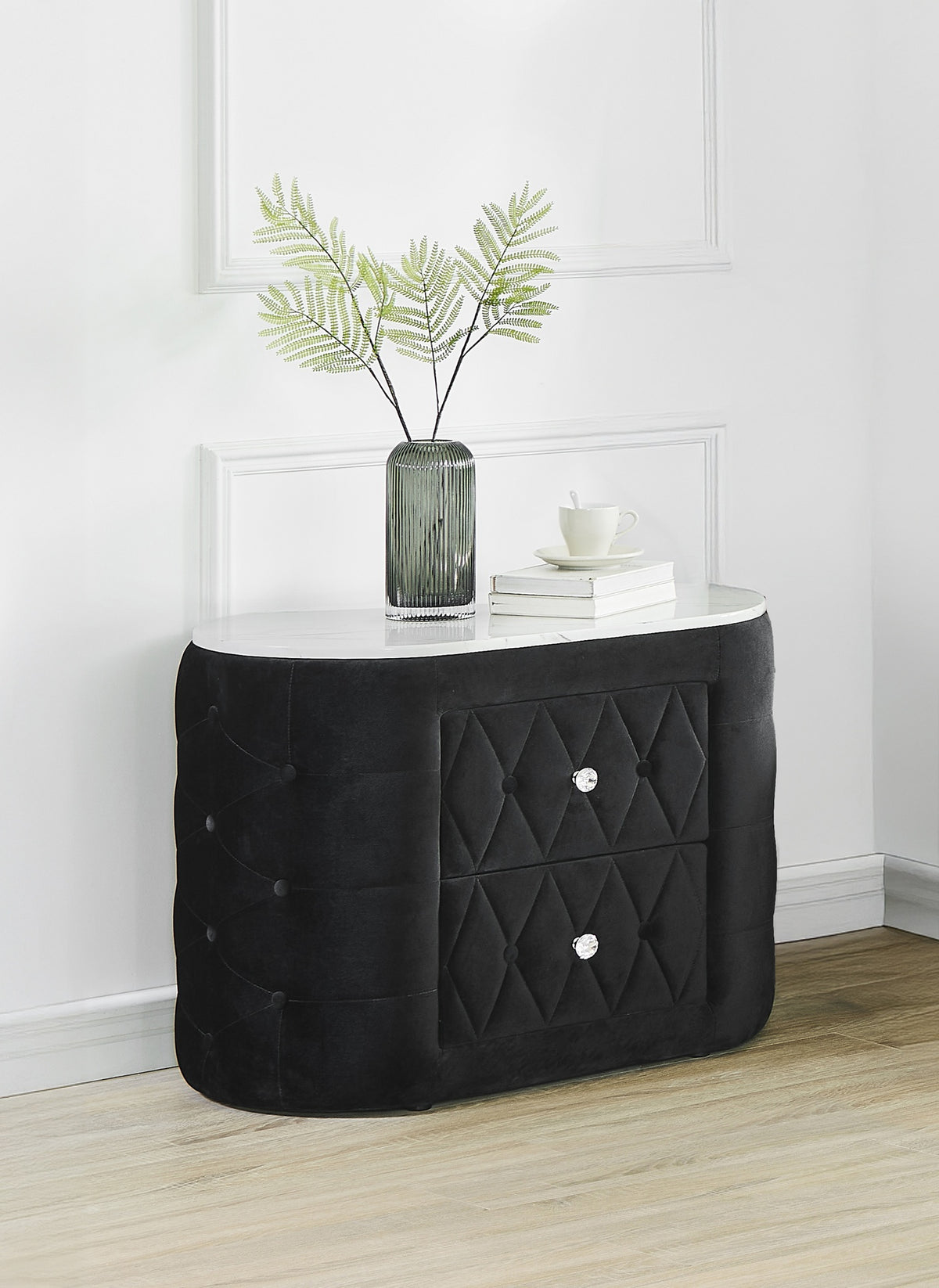 1pc Black Nightstand Upholstery Fabric Marble Top Two Storage Drawers Wooden Bedroom Furniture Oval Black