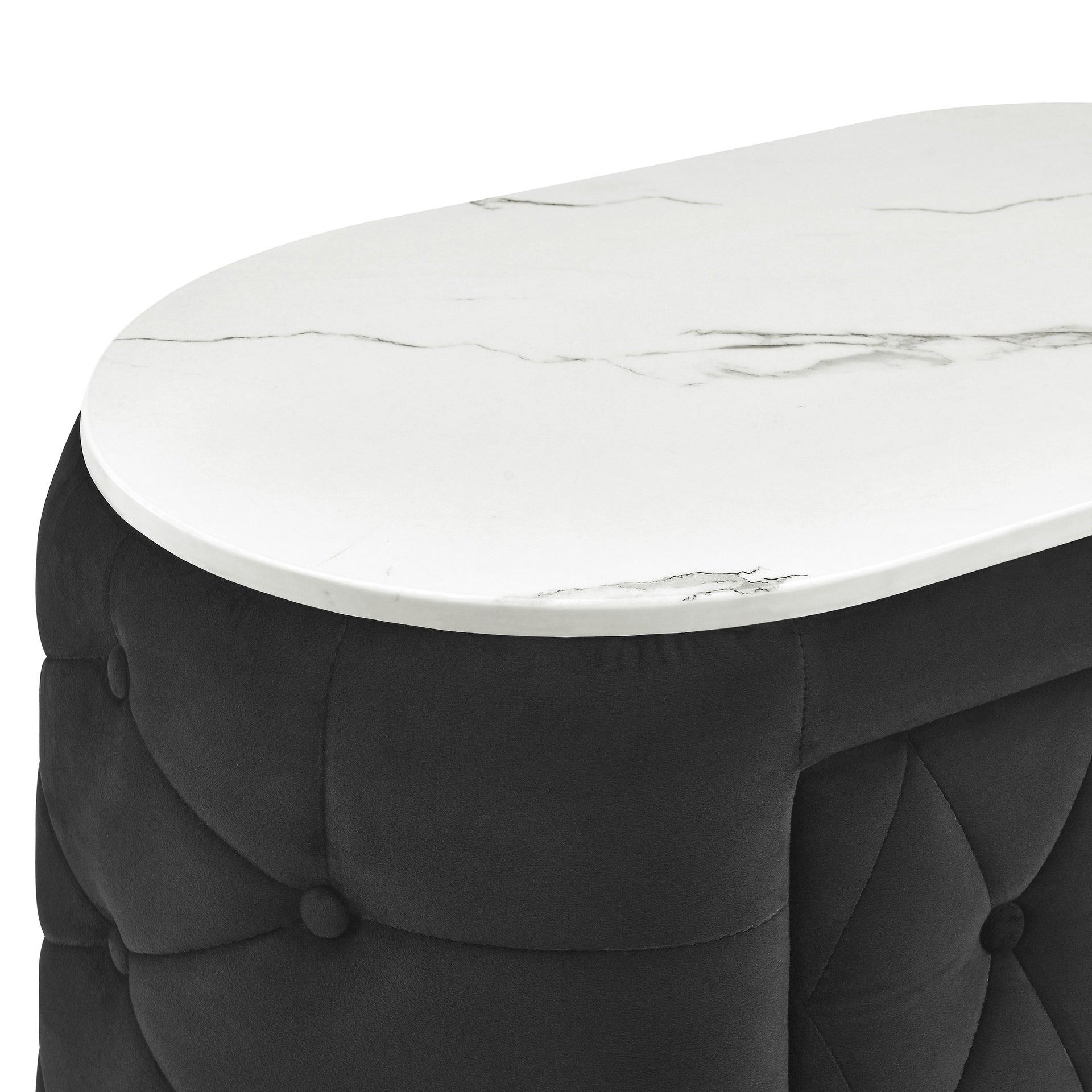 1pc Black Nightstand Upholstery Fabric Marble Top Two Storage Drawers Wooden Bedroom Furniture Oval Black