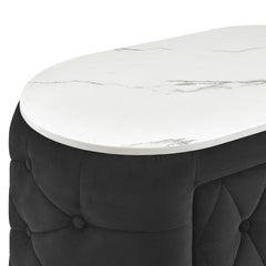 1pc Black Nightstand Upholstery Fabric Marble Top Two Storage Drawers Wooden Bedroom Furniture Oval Black