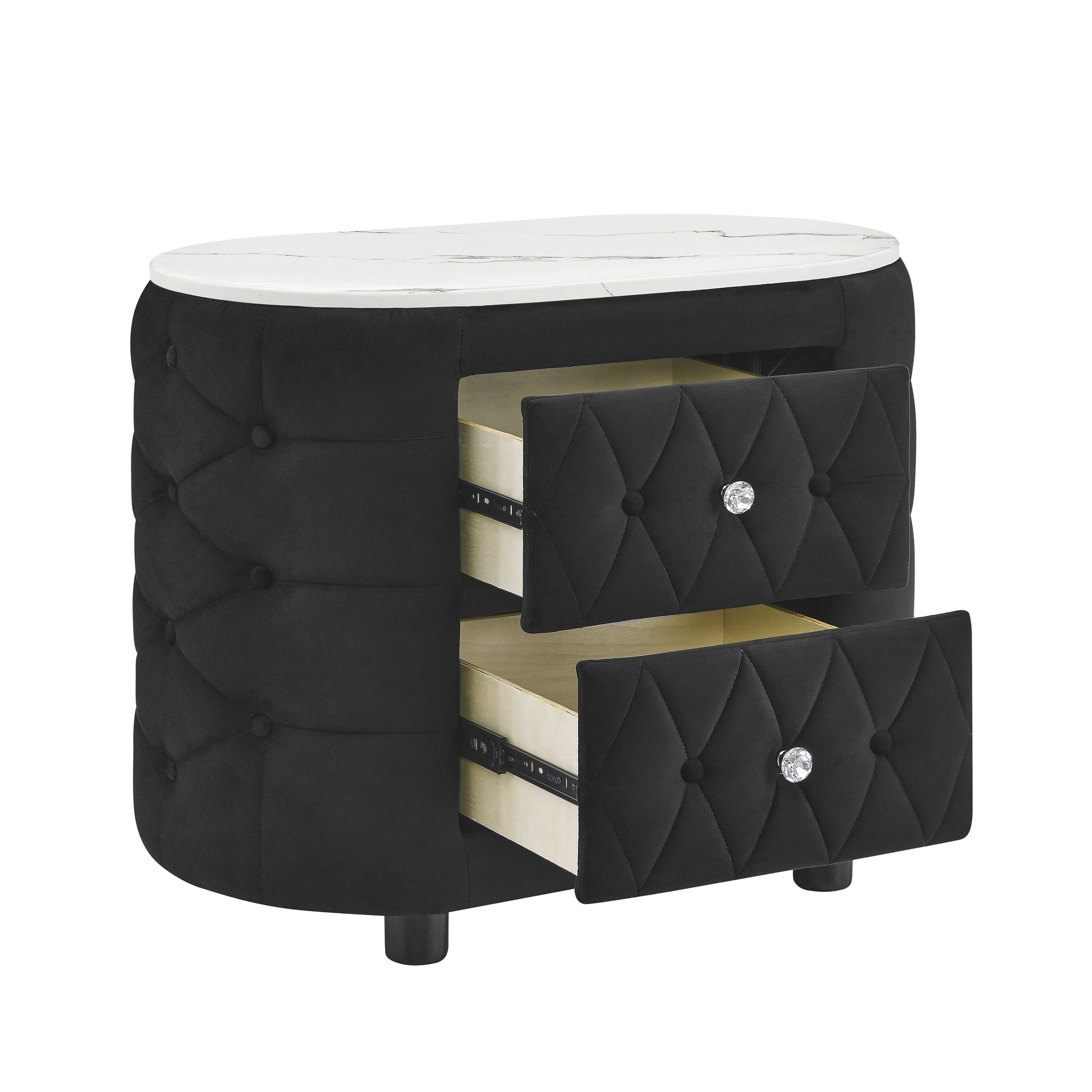 1pc Black Nightstand Upholstery Fabric Marble Top Two Storage Drawers Wooden Bedroom Furniture Oval Black