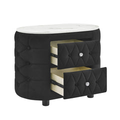 1pc Black Nightstand Upholstery Fabric Marble Top Two Storage Drawers Wooden Bedroom Furniture Oval Black