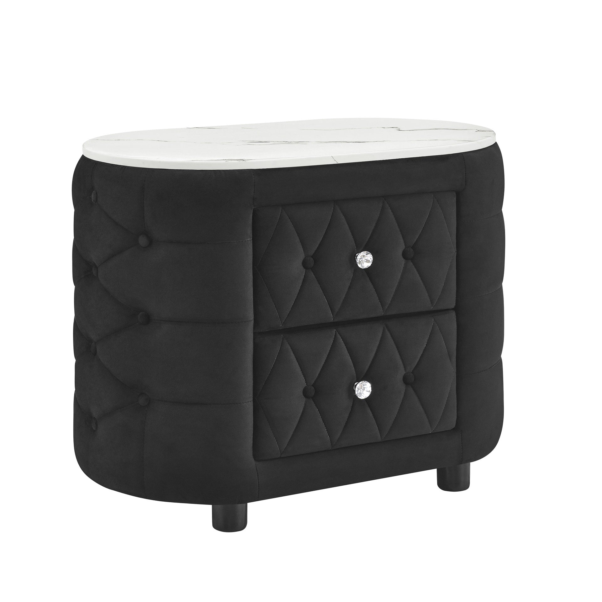 1pc Black Nightstand Upholstery Fabric Marble Top Two Storage Drawers Wooden Bedroom Furniture Oval Black