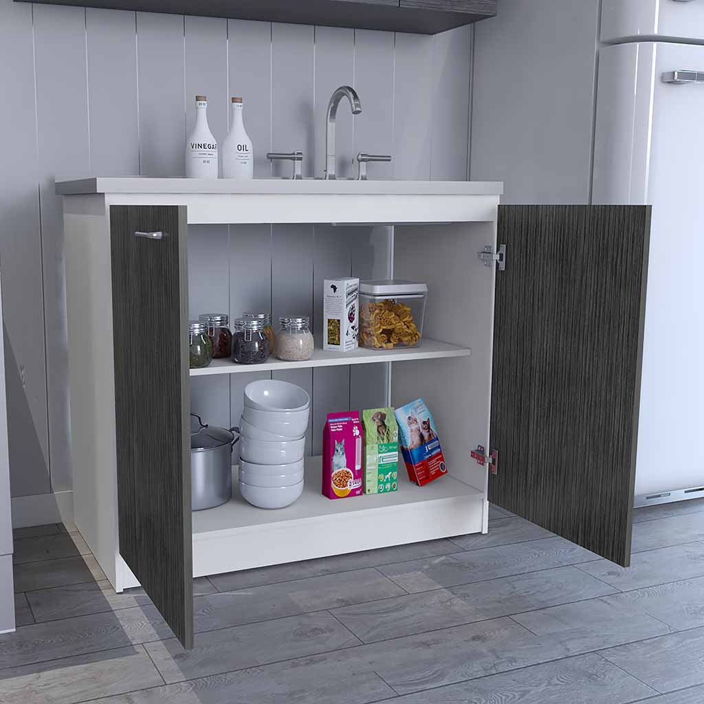 Napoles Utility Sink with Cabinet, One Shelf, Double Door Cabinet -White / Smokey Oak