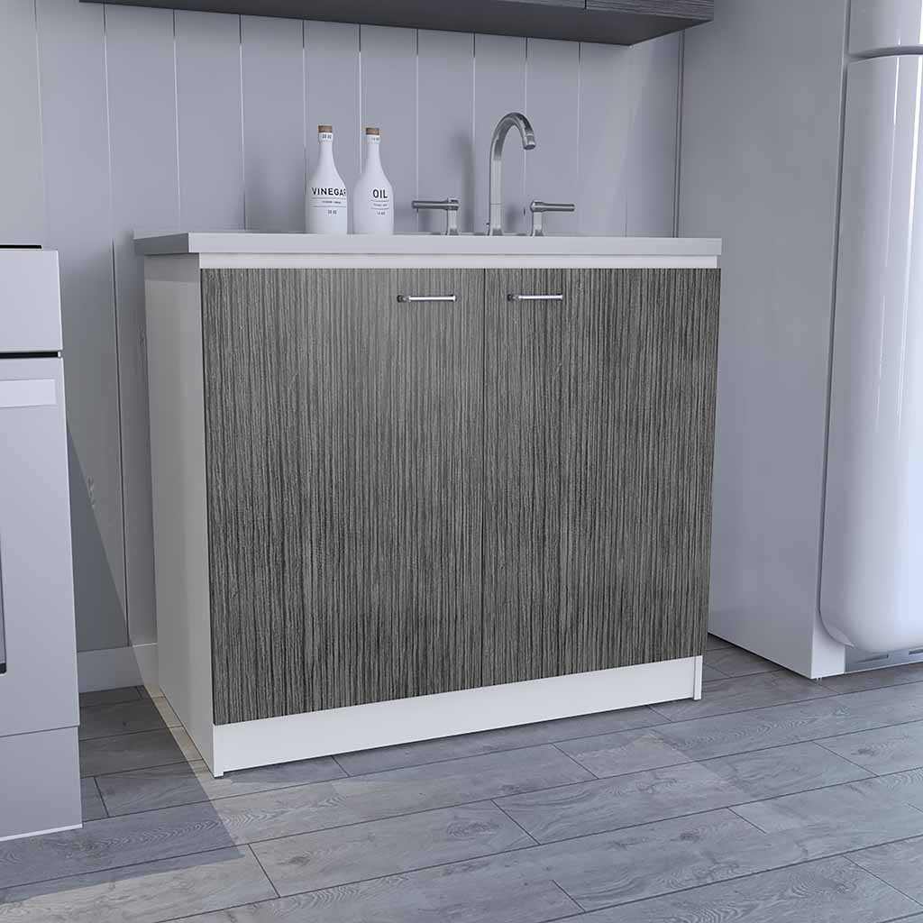 Napoles Utility Sink with Cabinet, One Shelf, Double Door Cabinet -White / Smokey Oak