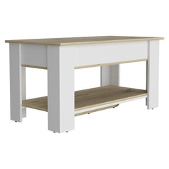 Austin Storage Table, One Extendable Table Shelf, Four Legs, Lower Shelf -Light Oak / White
