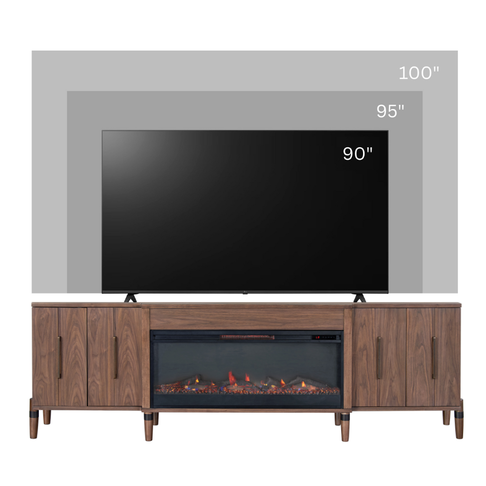 Tranquility 94 inch Fireplace TV Stand, for TVs up to 100 inches, Minimal Assembly, Walnut Finish