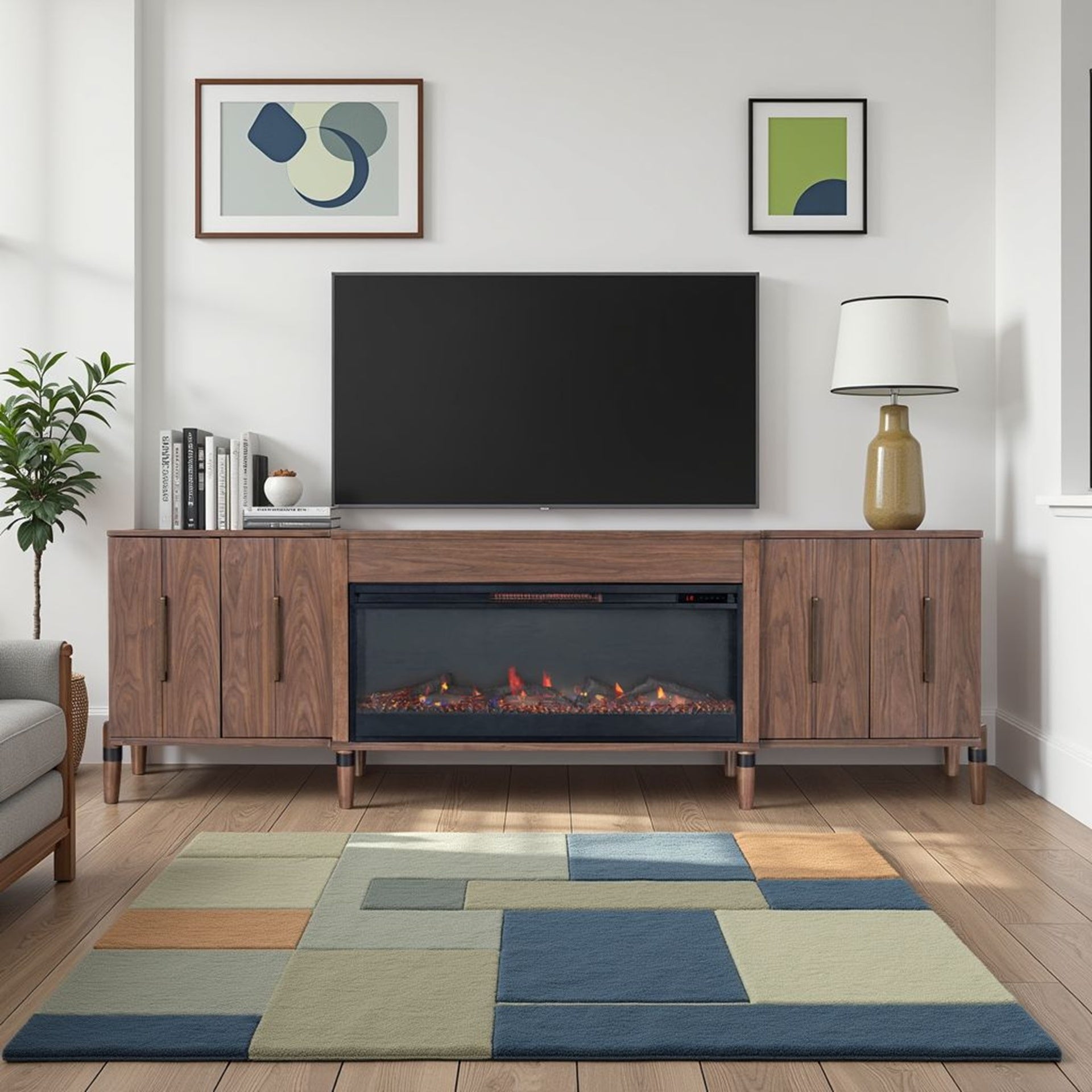 Tranquility 94 inch Fireplace TV Stand, for TVs up to 100 inches, Minimal Assembly, Walnut Finish