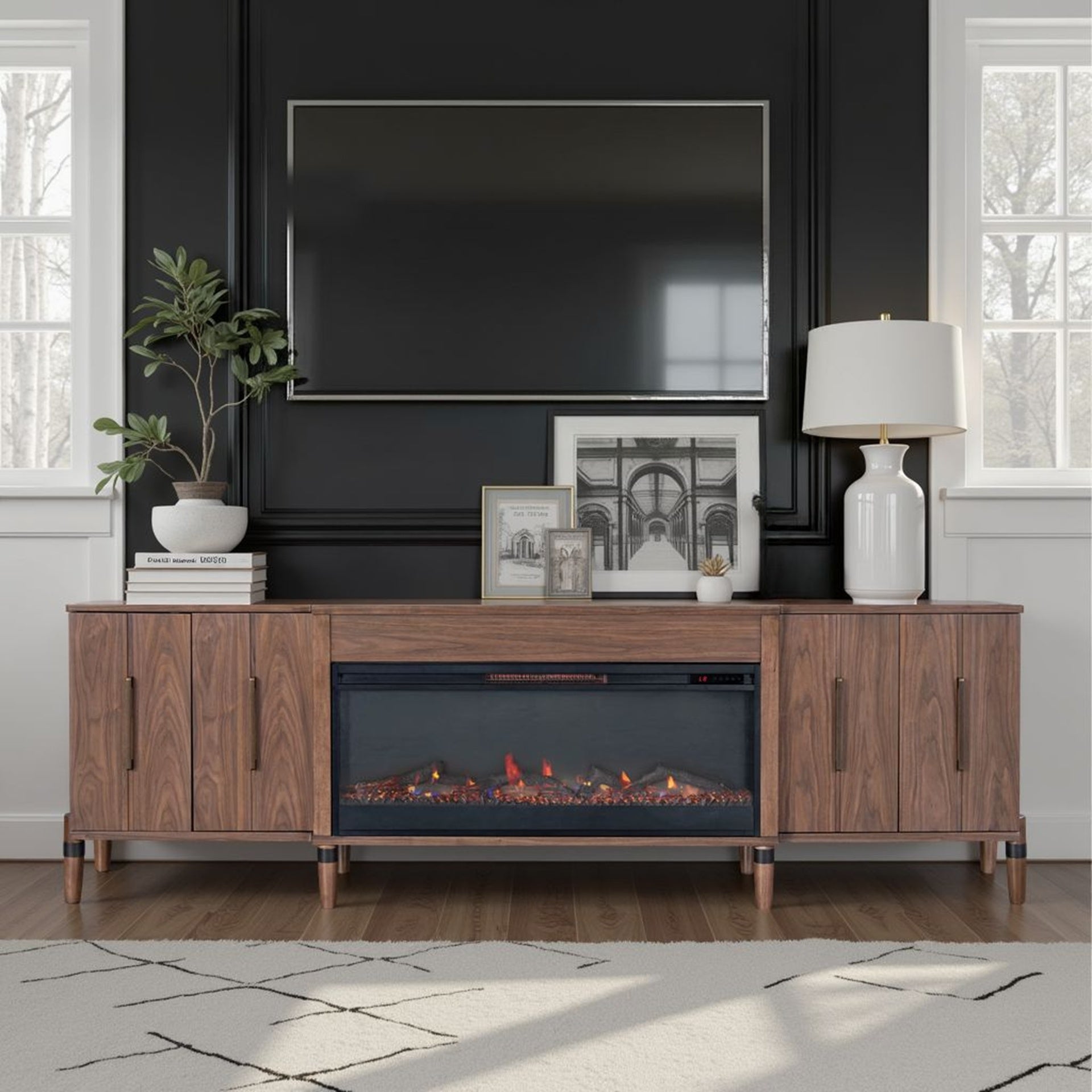 Tranquility 94 inch Fireplace TV Stand, for TVs up to 100 inches, Minimal Assembly, Walnut Finish