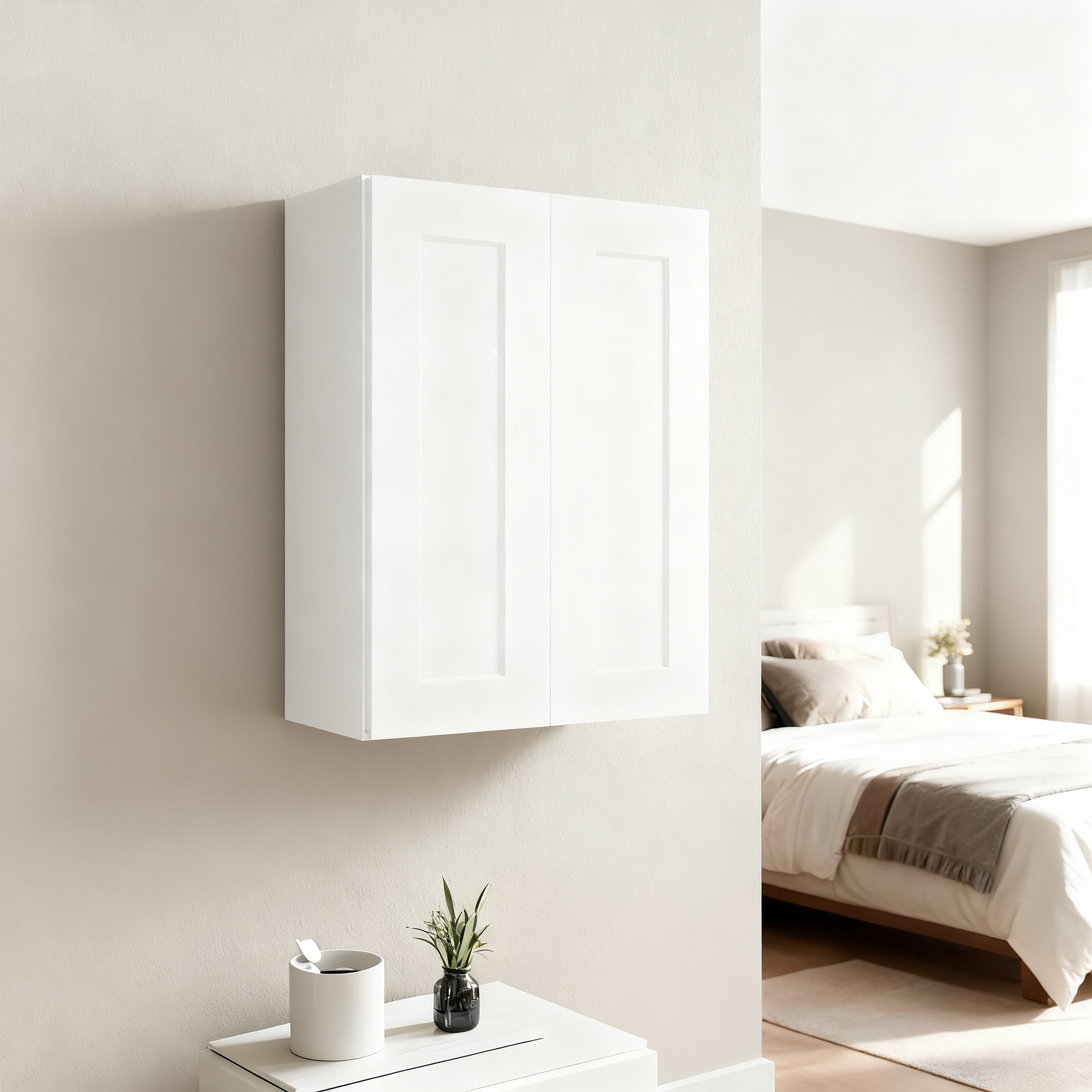 24 Inch White Shaker Double Door Wall Cabinet Solid Wood with 2 adjustable shelves Ready to Assemble for Kitchen,Bathroom,Laundry and Garage Storage(24"W×12"D×30"H)