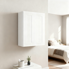 24 Inch White Shaker Double Door Wall Cabinet Solid Wood with 2 adjustable shelves Ready to Assemble for Kitchen,Bathroom,Laundry and Garage Storage(24"W×12"D×30"H)