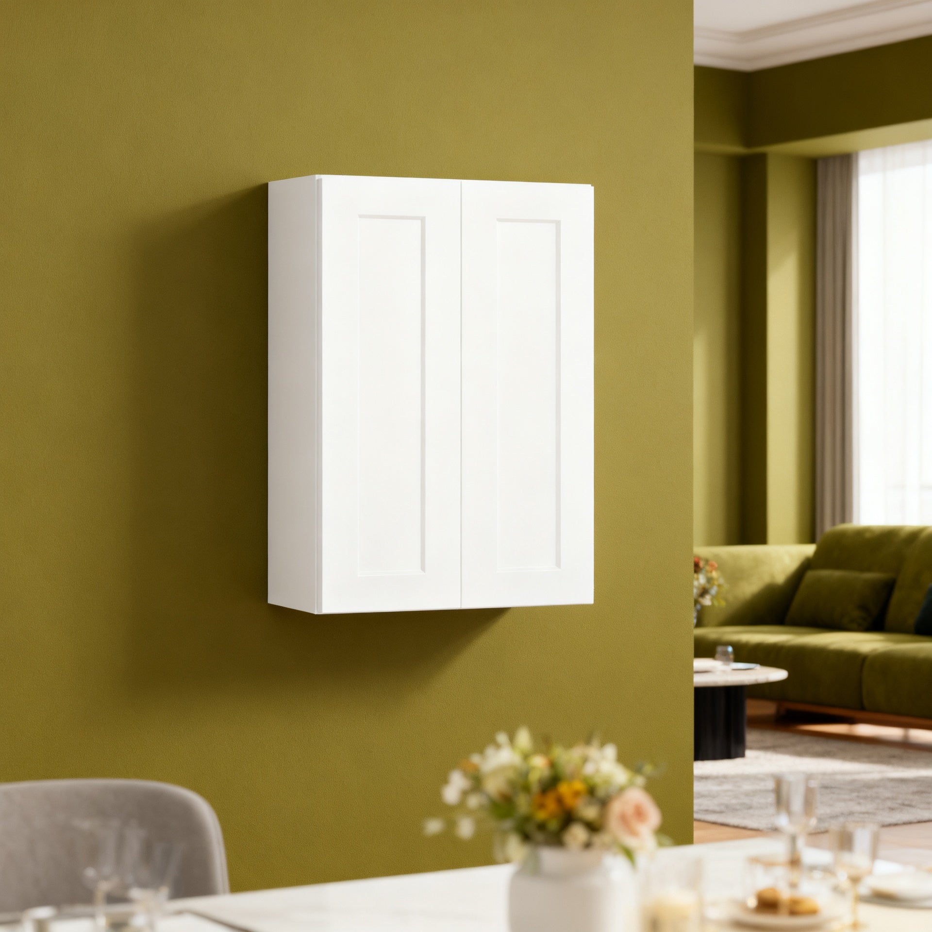 24 Inch White Shaker Double Door Wall Cabinet Solid Wood with 2 adjustable shelves Ready to Assemble for Kitchen,Bathroom,Laundry and Garage Storage(24"W×12"D×36"H)