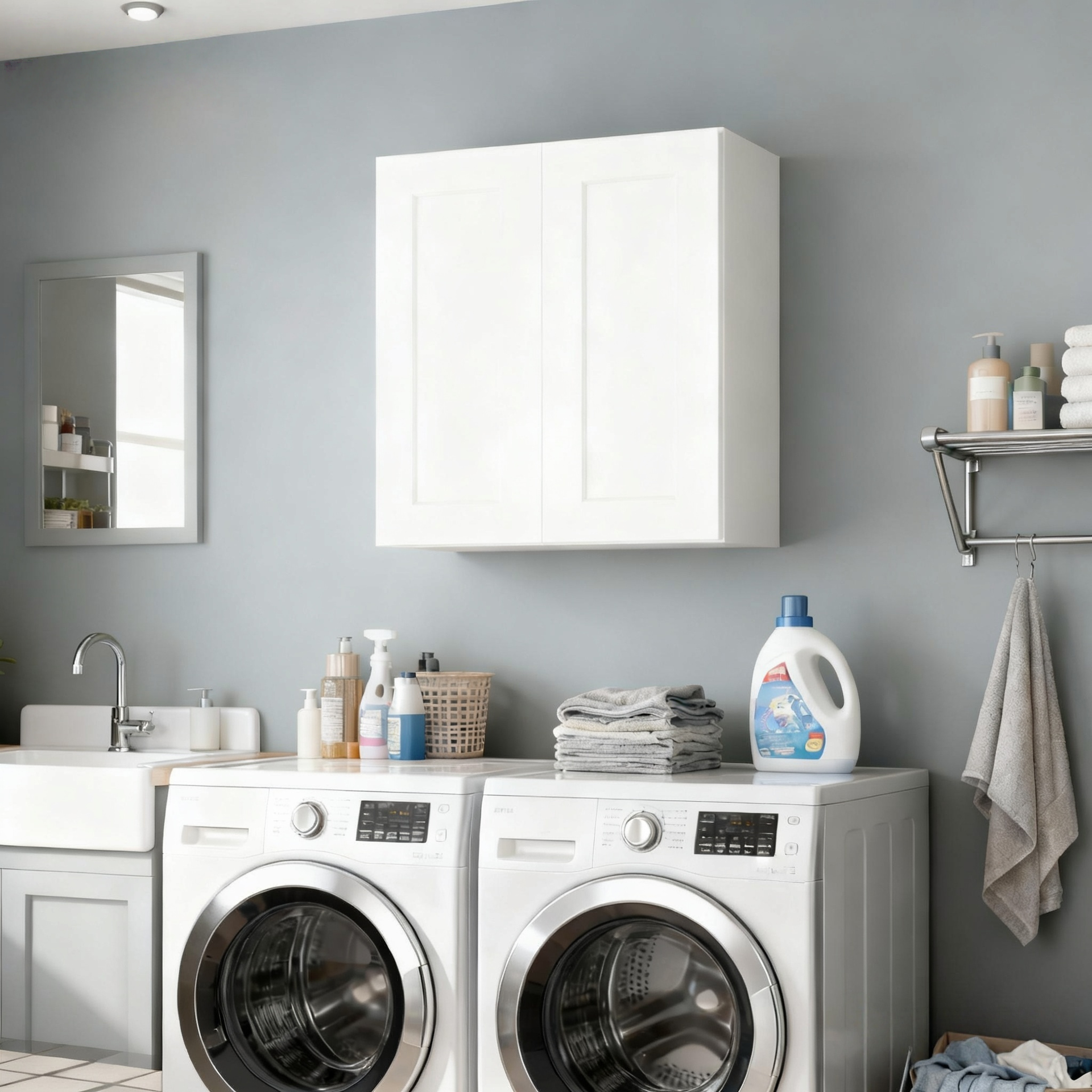 27 Inch White Shaker Double Door Wall Cabinet Solid Wood with 2 adjustable shelves Ready to Assemble for Kitchen,Bathroom,Laundry and Garage Storage(27"W×12"D×30"H)