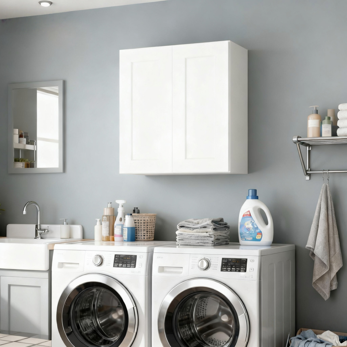 27 Inch White Shaker Double Door Wall Cabinet Solid Wood with 2 adjustable shelves Ready to Assemble for Kitchen,Bathroom,Laundry and Garage Storage(27"W×12"D×30"H)