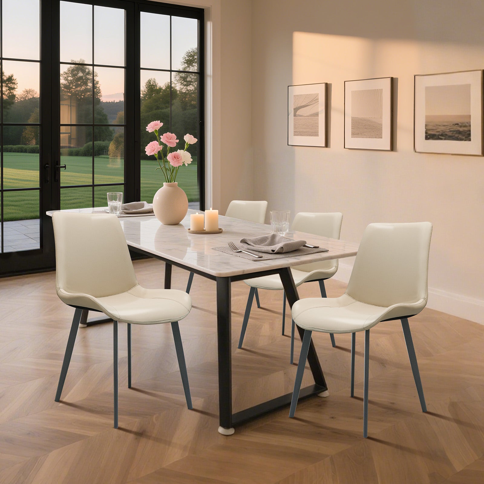 Beige PU Leather Dining Chair with Metal Legs, Modern Upholstered Chair Set of 2 for Kitchen, Restaurant, Living, Meeting Room
