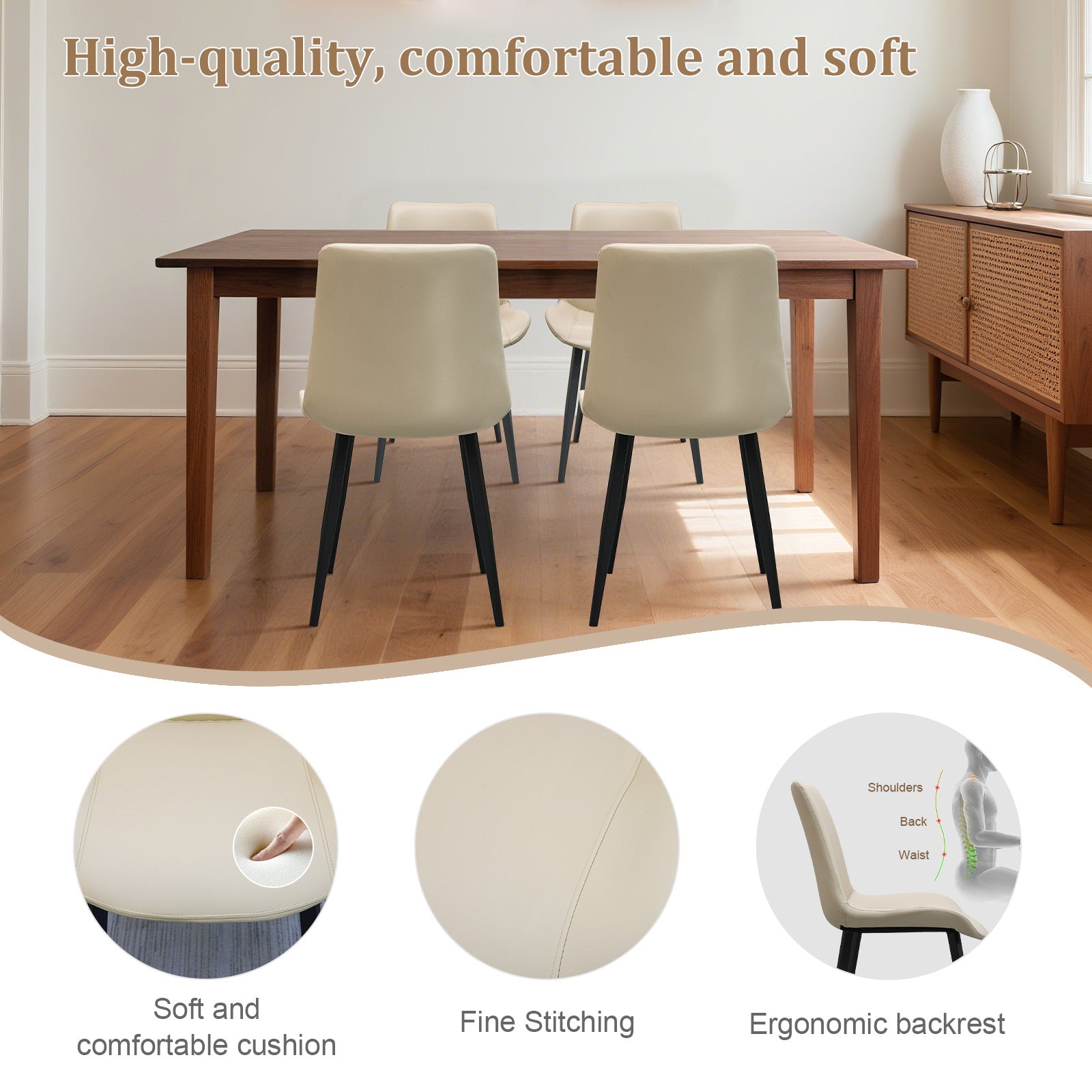 Beige PU Leather Dining Chair with Metal Legs, Modern Upholstered Chair Set of 2 for Kitchen, Restaurant, Living, Meeting Room
