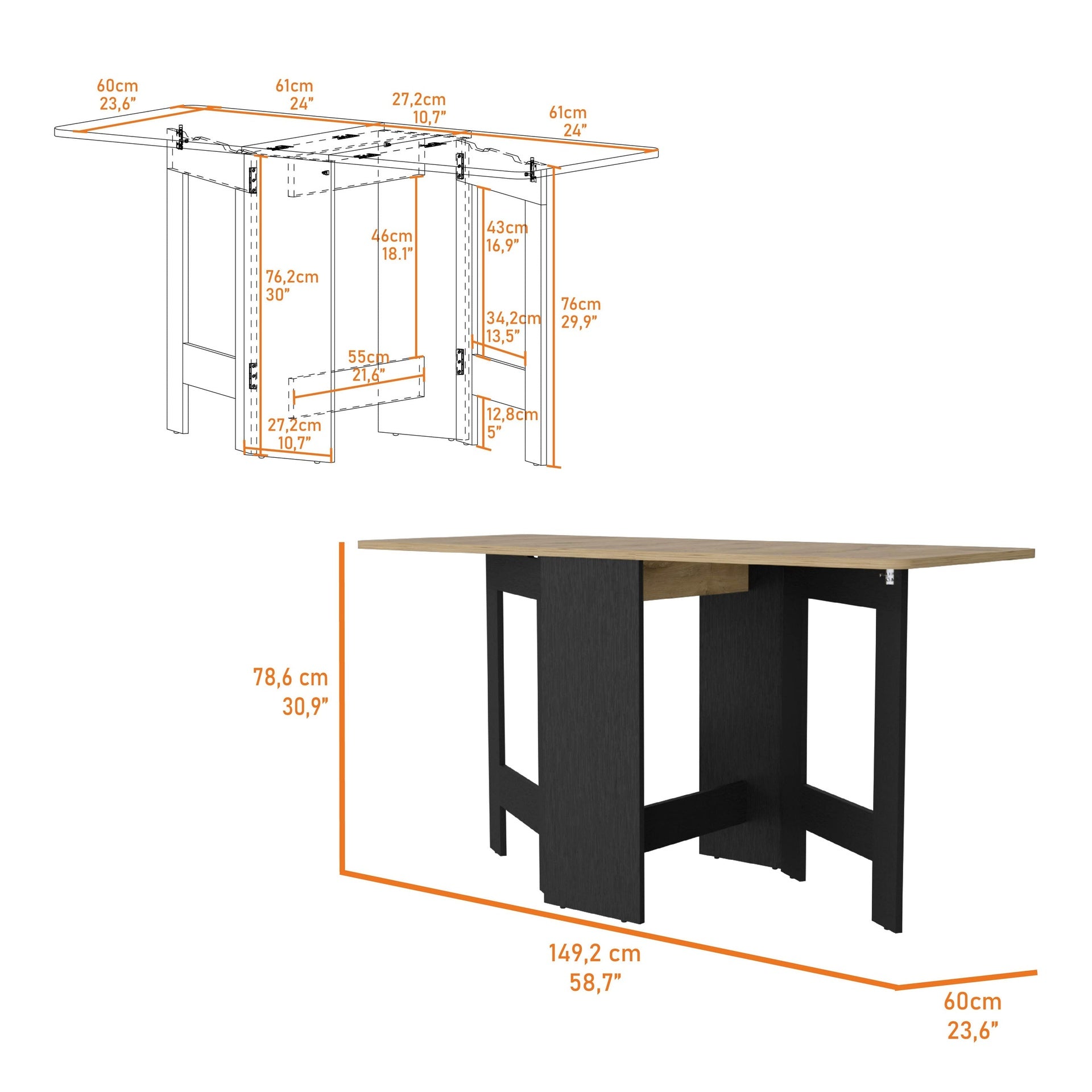 Kailua Folding Dining Table, Space-Saving, Foldable in 3 Forms