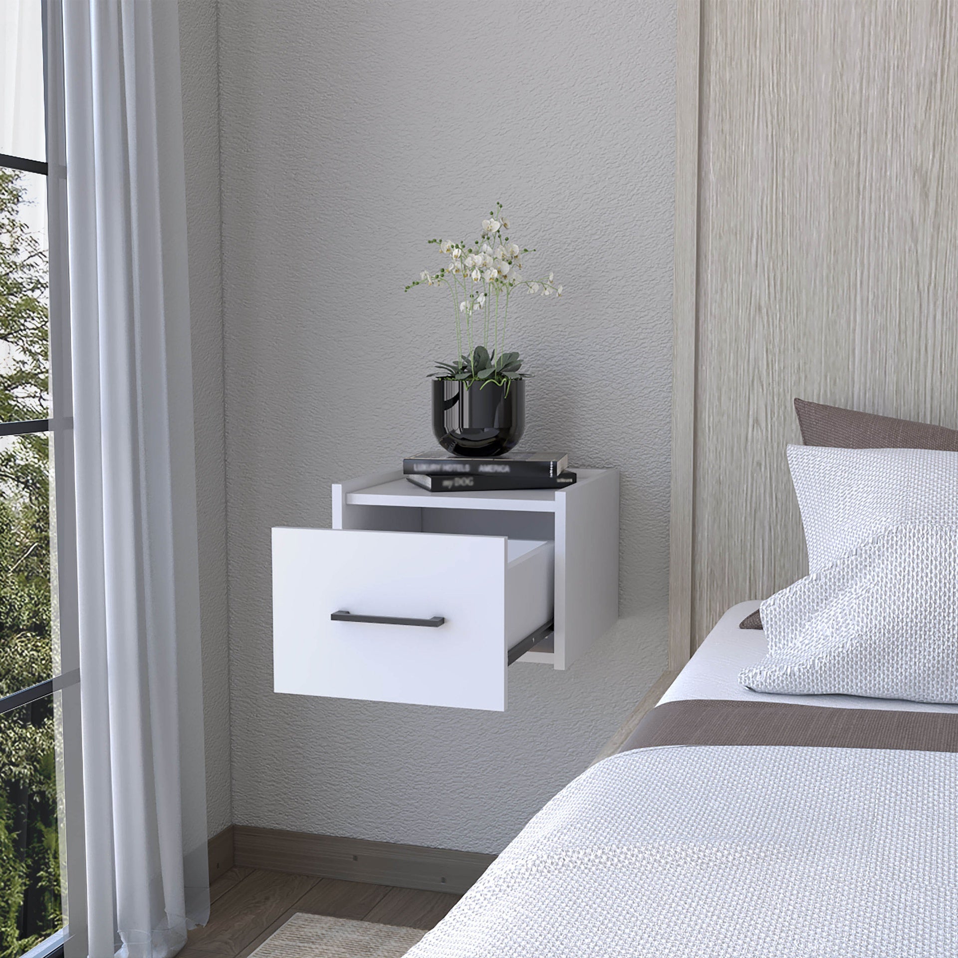 Elfrida Wall-Mounted Nightstand, Sleek Single-Drawer Design with Spacious Top Shelf