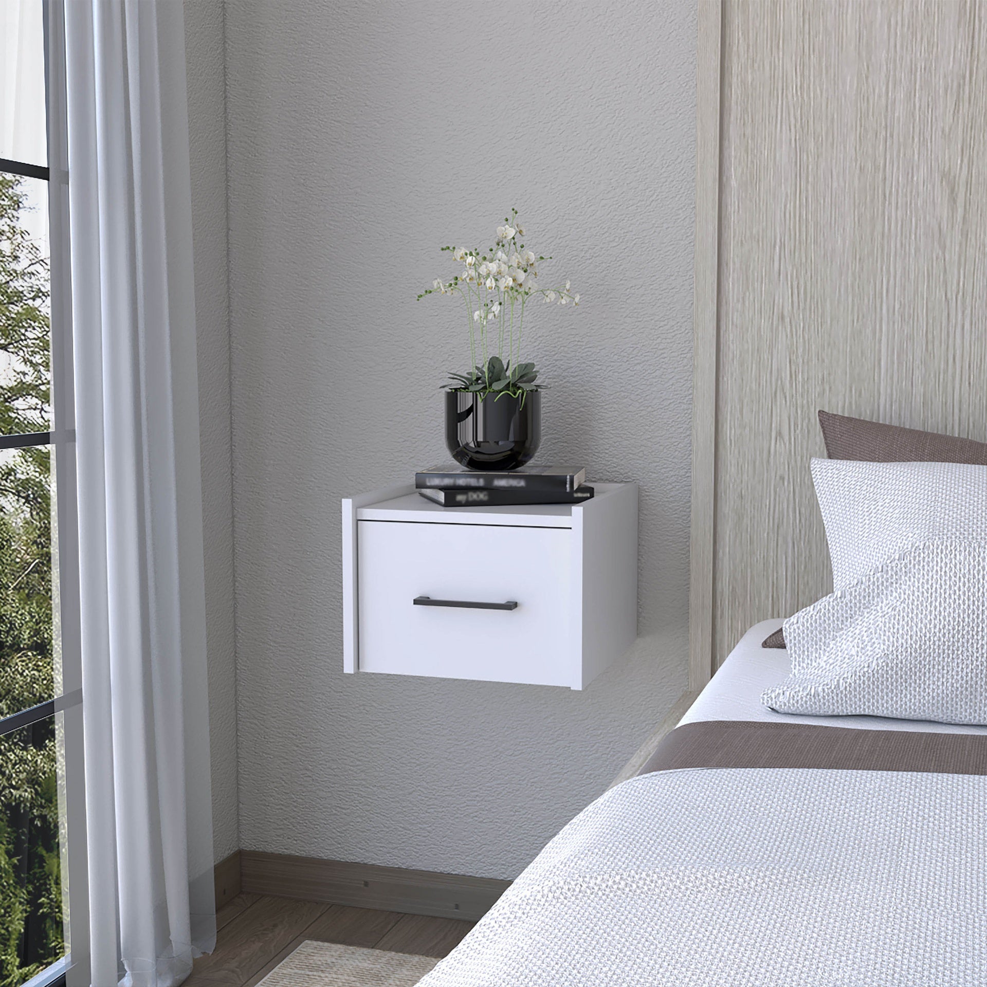 Elfrida Wall-Mounted Nightstand, Sleek Single-Drawer Design with Spacious Top Shelf
