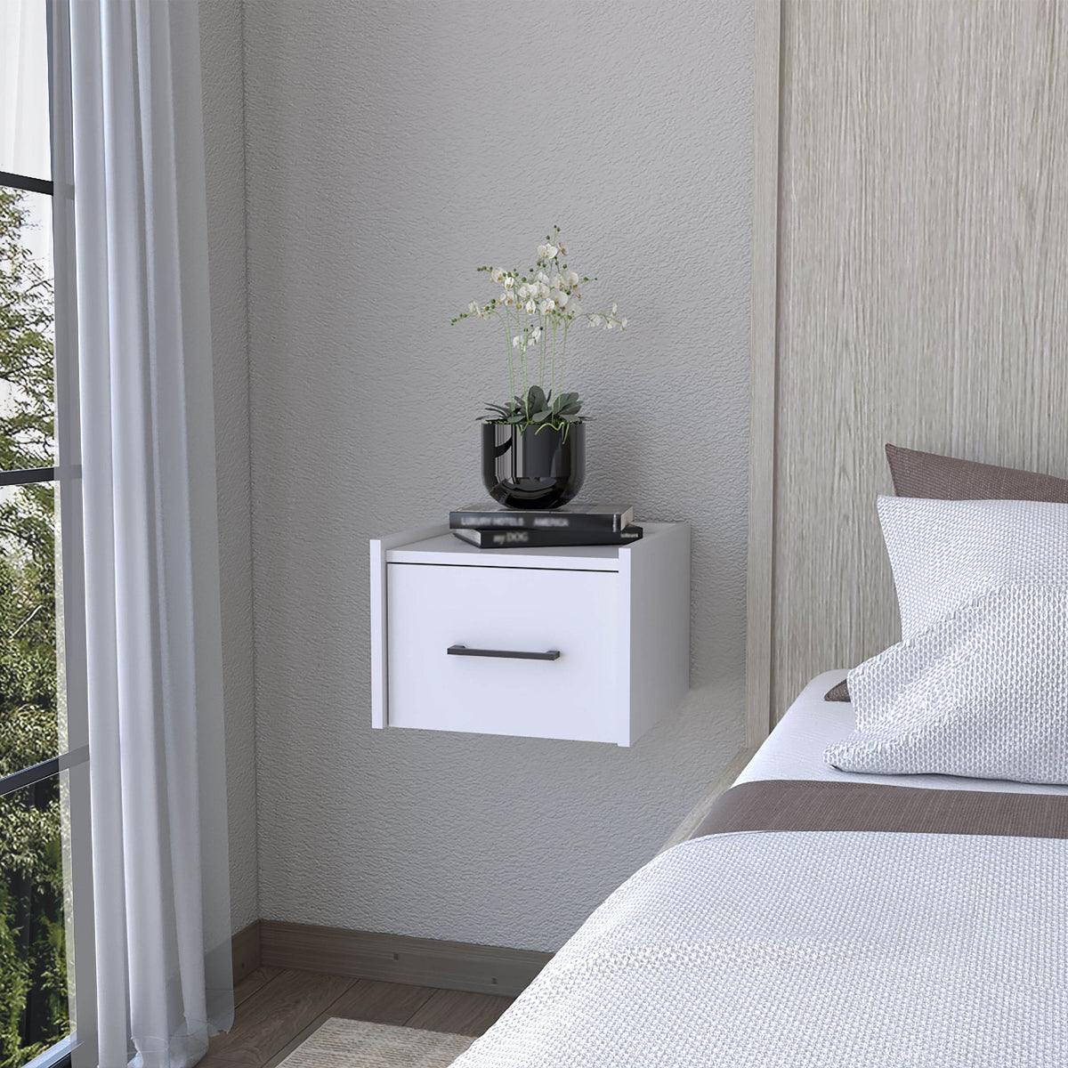 Elfrida Wall-Mounted Nightstand, Sleek Single-Drawer Design with Spacious Top Shelf