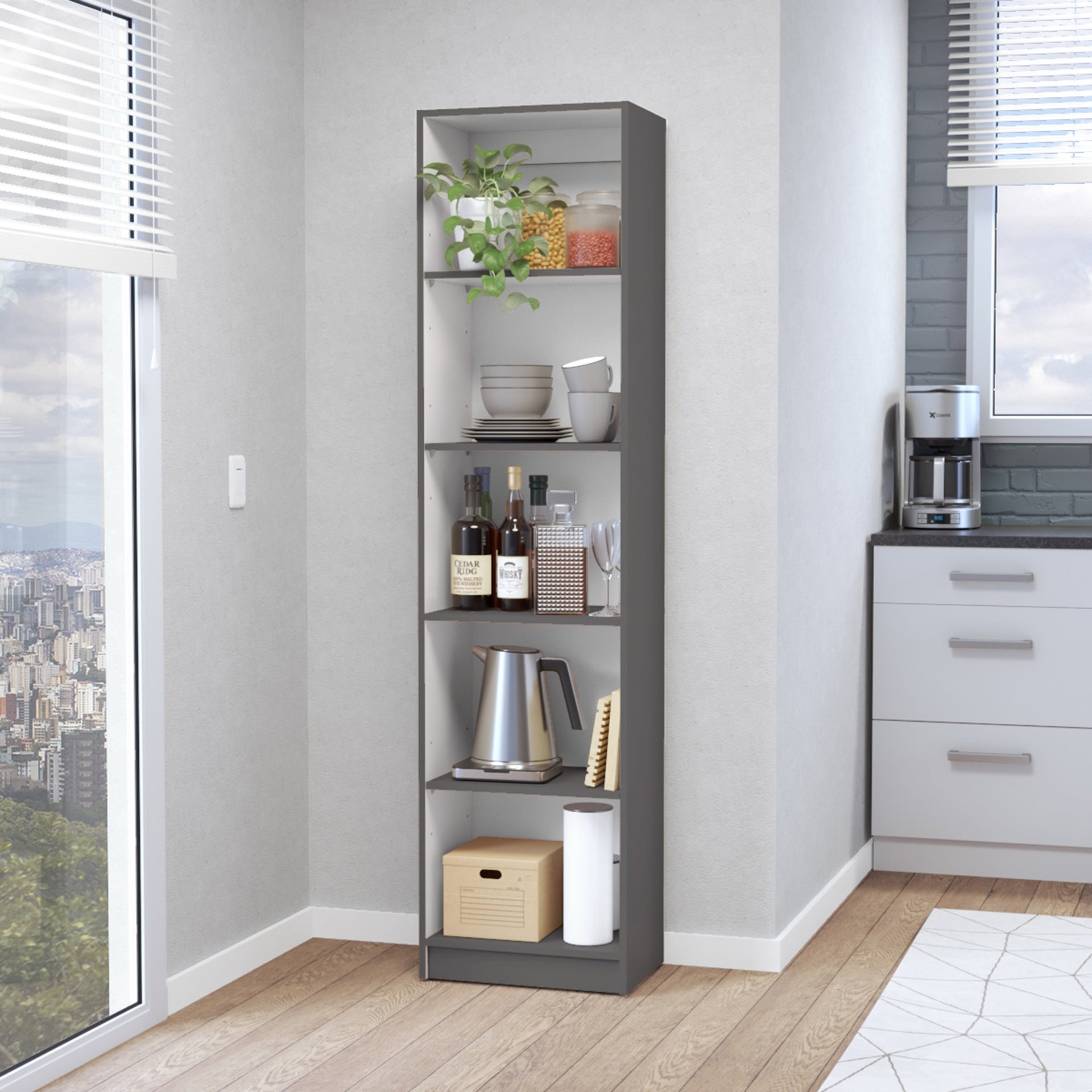 Sutton Slim Bookcase with Modern 5-Shelf Design
