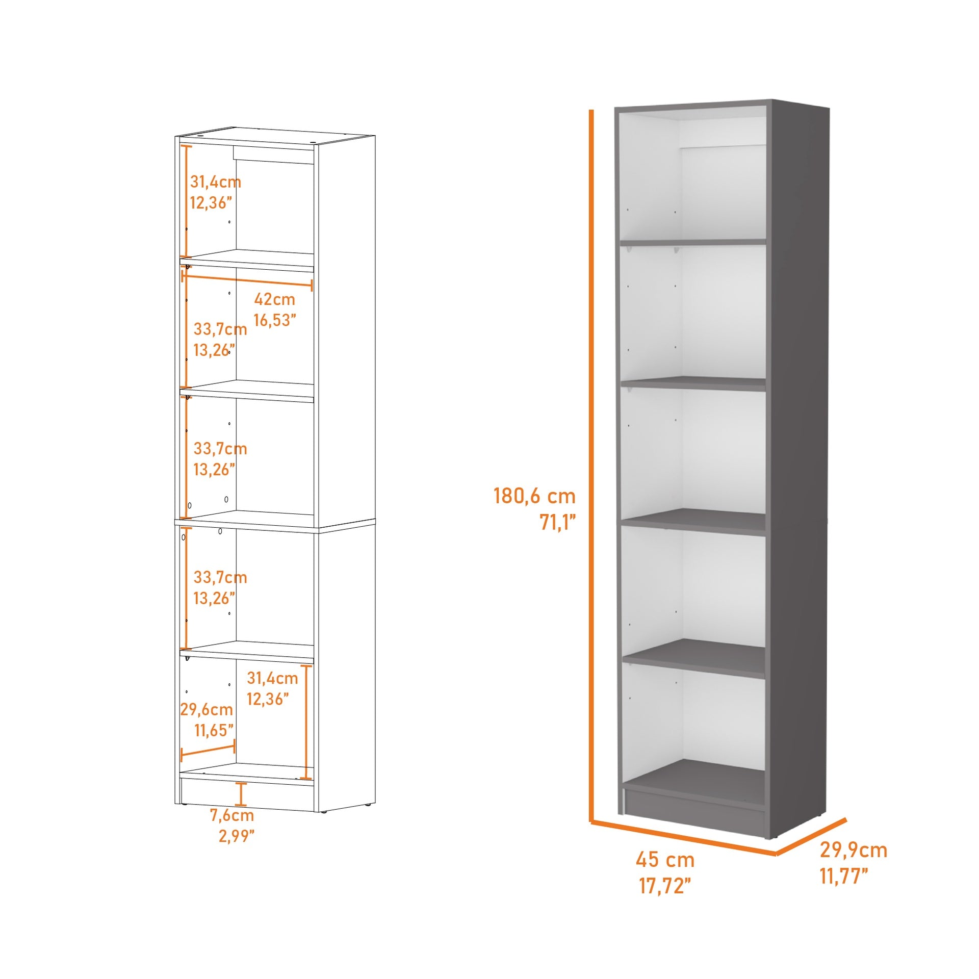 Sutton Slim Bookcase with Modern 5-Shelf Design